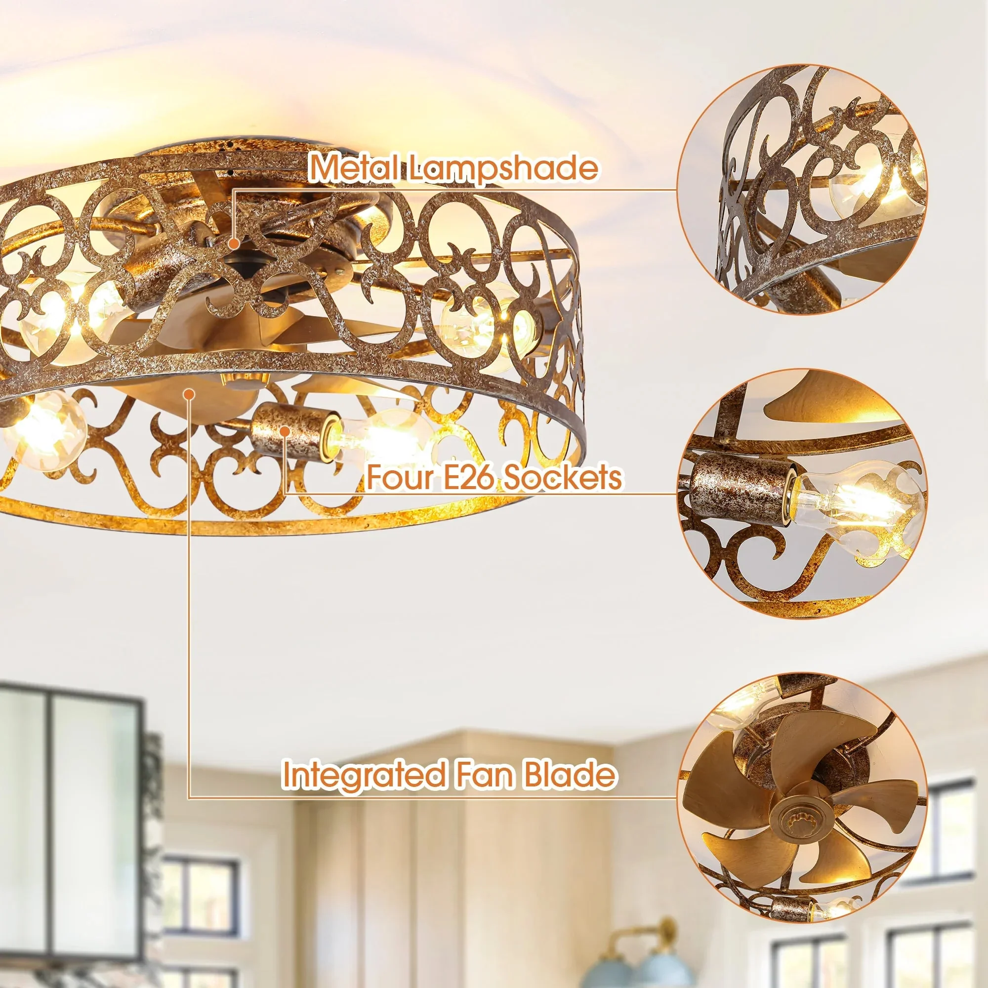 18 Inch Vintage Distressed Golden Industrial Flush Mount Ceiling Fan with Light APP and Remote Control - Image 8