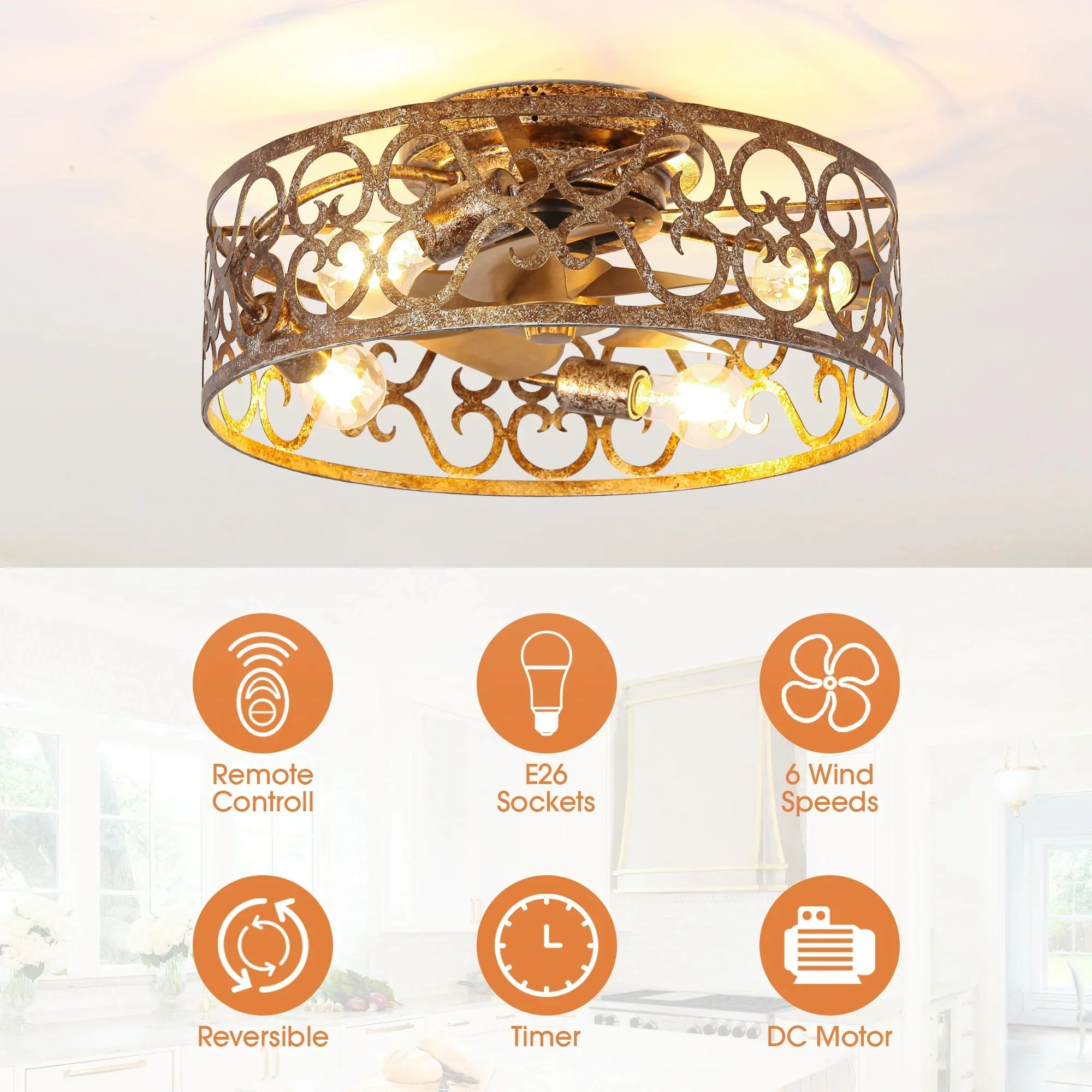 18 Inch Vintage Distressed Golden Industrial Flush Mount Ceiling Fan with Light APP and Remote Control - Image 9