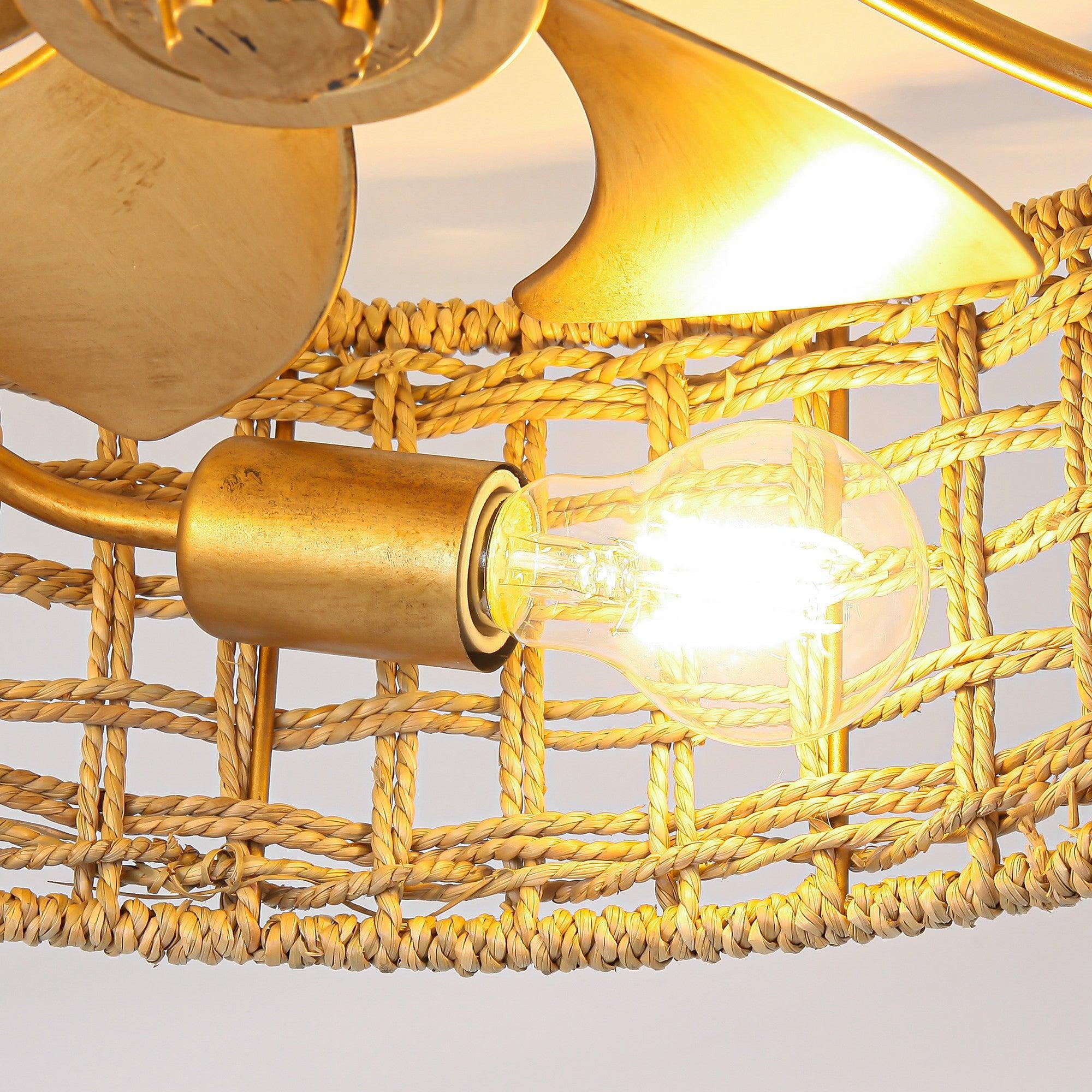 18 Inch Vintage Gold Farmhouse Rattan Flush Mount Ceiling Fan with Light APP and Remote Control - Image 10