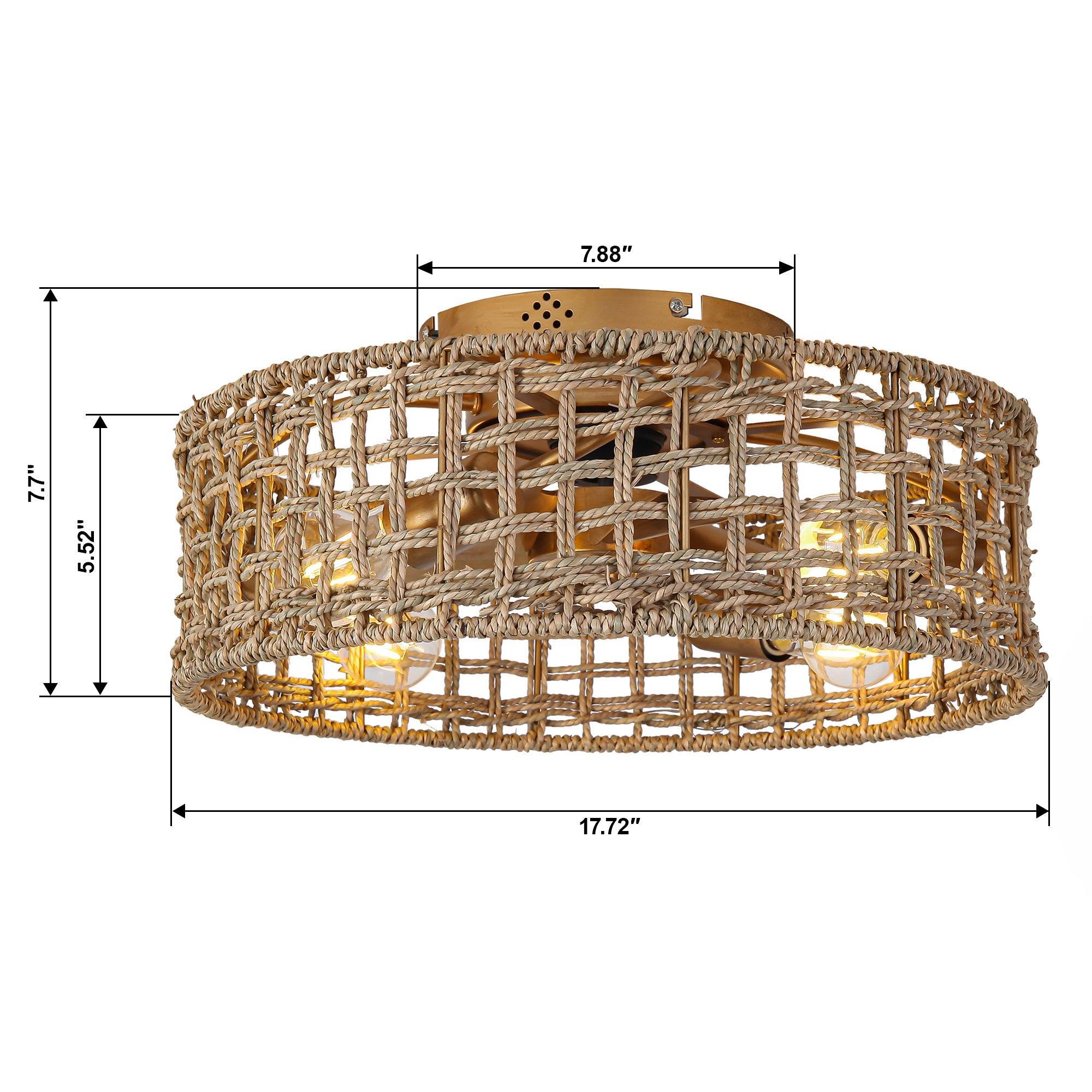 18 Inch Vintage Gold Farmhouse Rattan Flush Mount Ceiling Fan with Light APP and Remote Control - Image 14