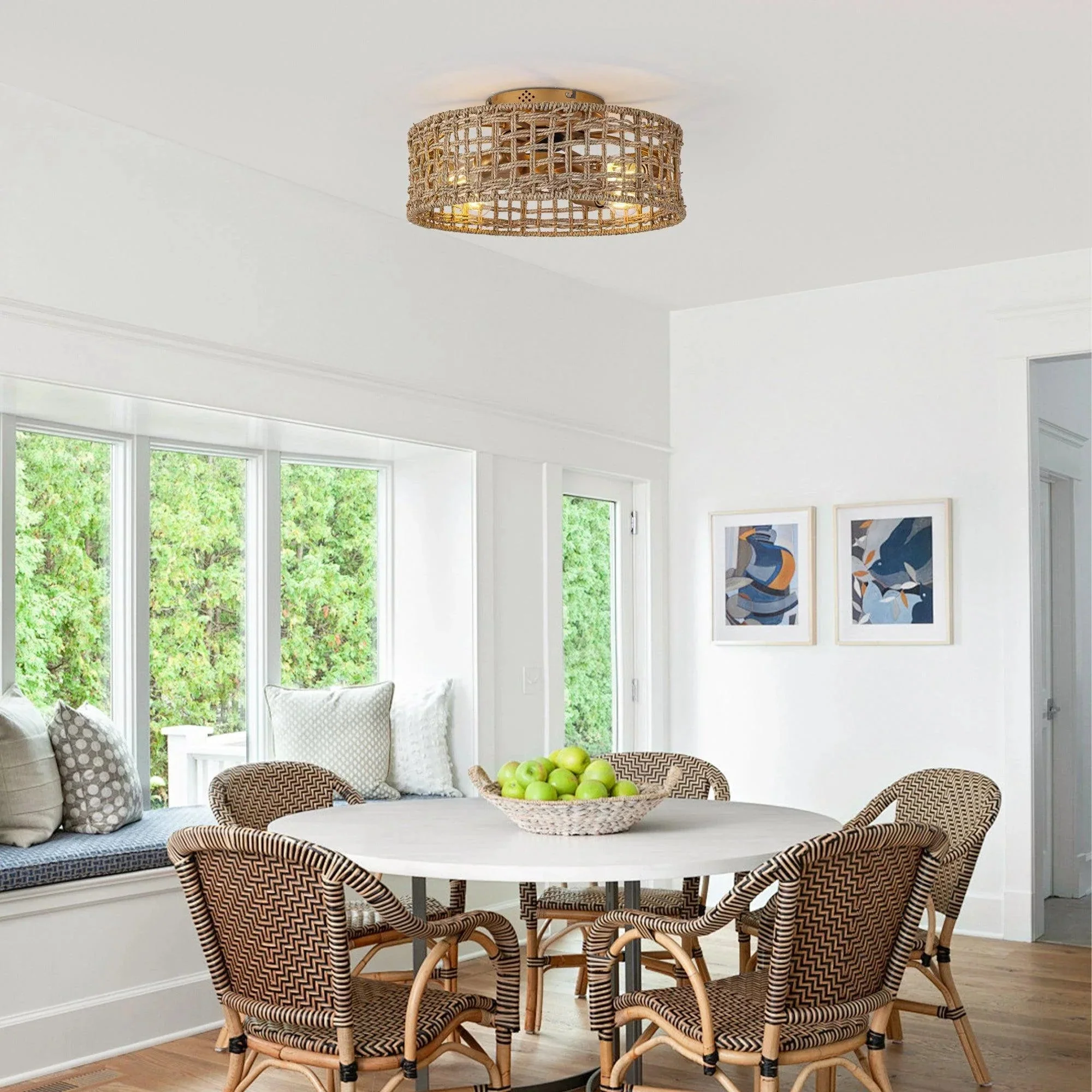 18 Inch Vintage Gold Farmhouse Rattan Flush Mount Ceiling Fan with Light APP and Remote Control - Image 2