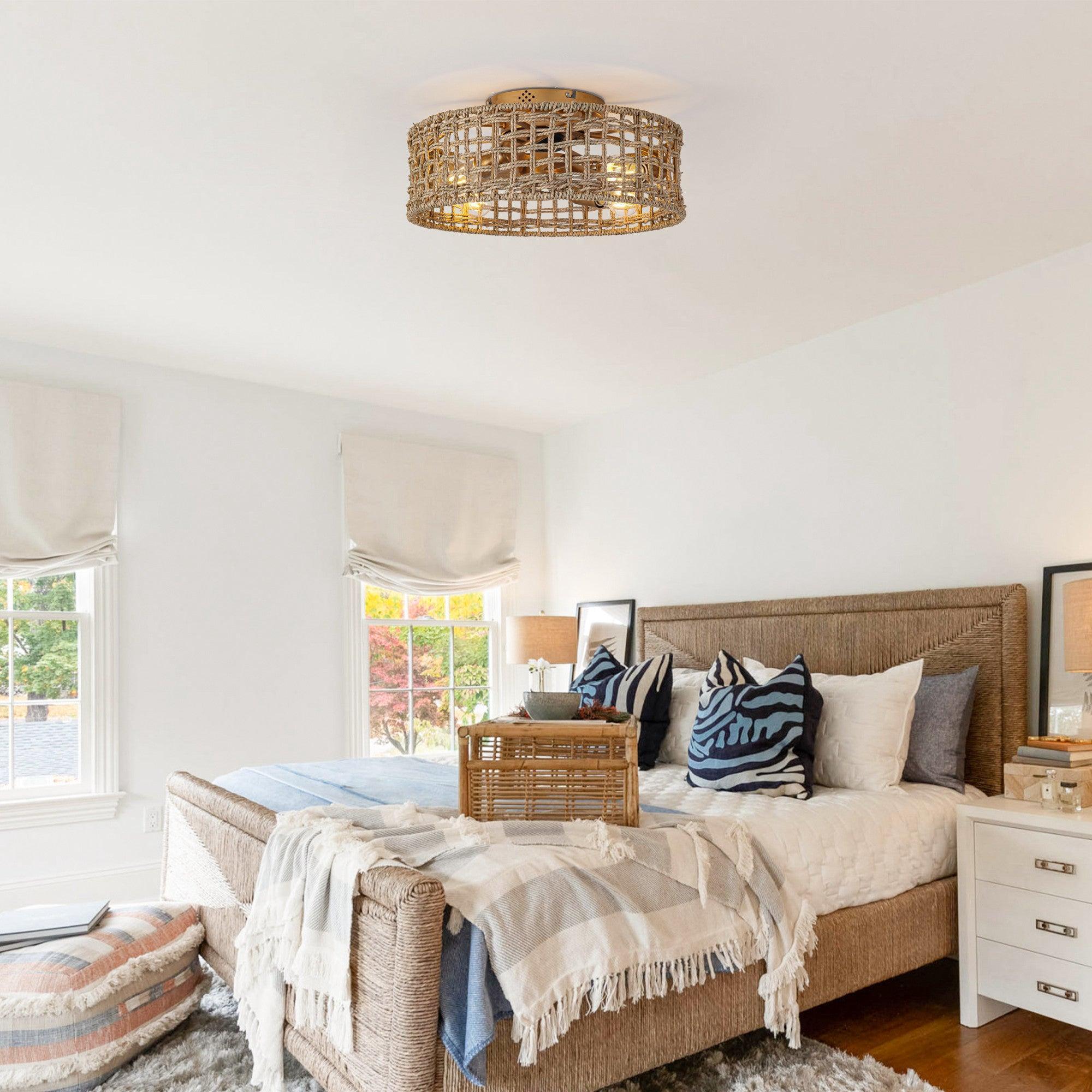 18 Inch Vintage Gold Farmhouse Rattan Flush Mount Ceiling Fan with Light APP and Remote Control - Image 3