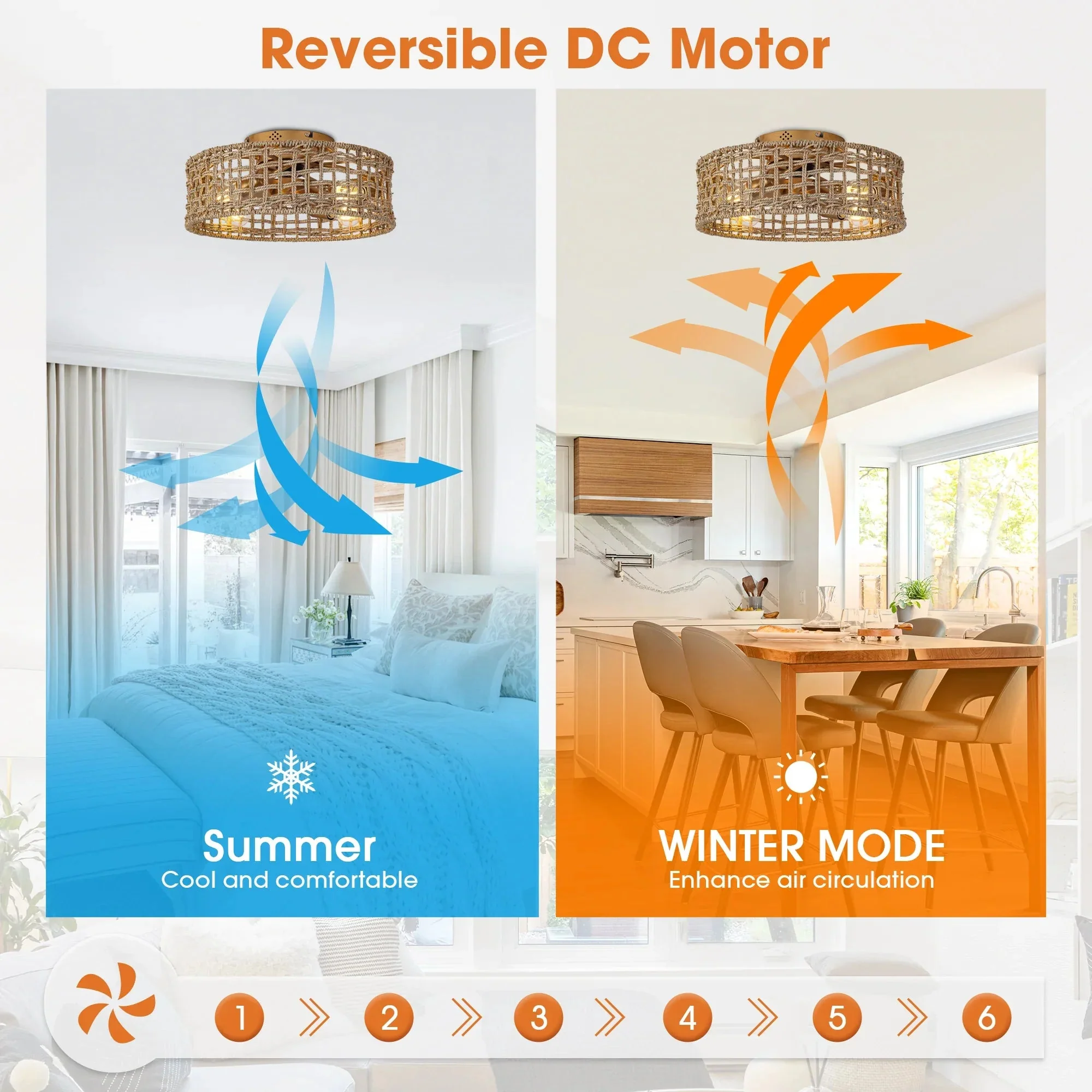 18 Inch Vintage Gold Farmhouse Rattan Flush Mount Ceiling Fan with Light APP and Remote Control - Image 4