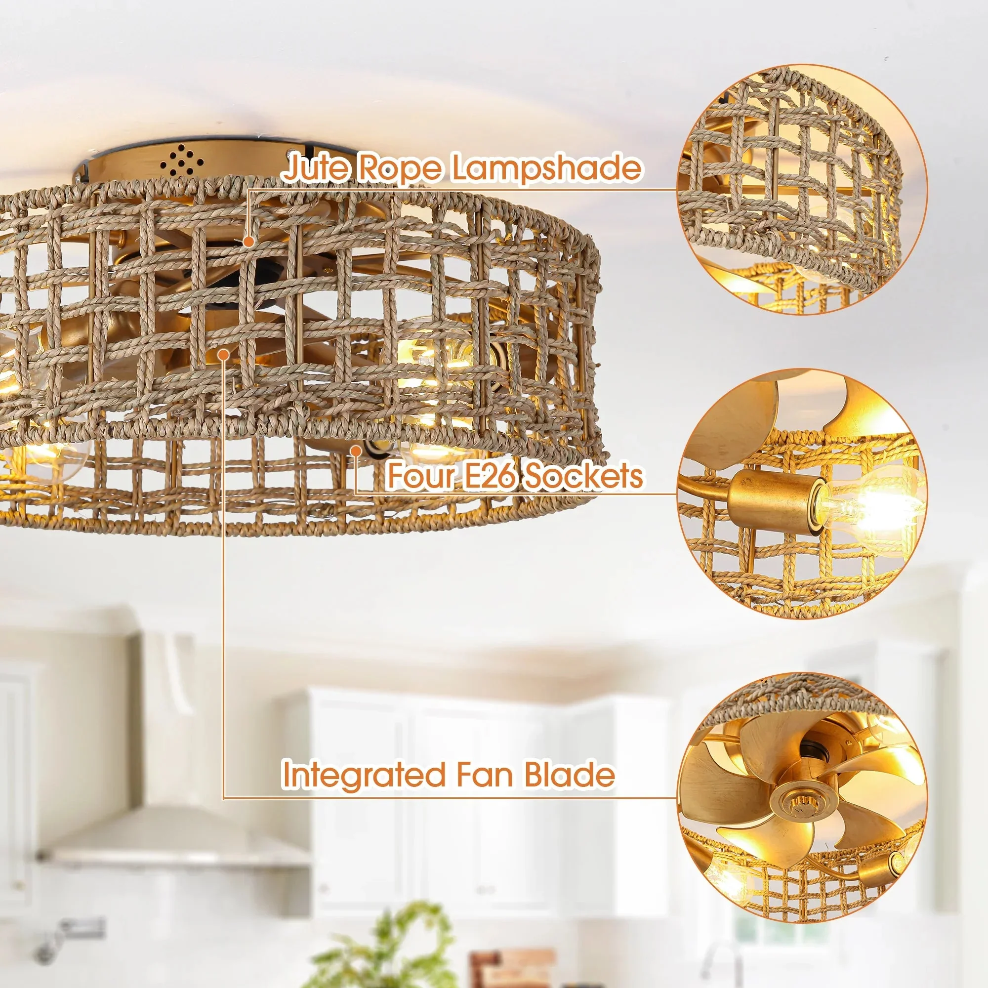 18 Inch Vintage Gold Farmhouse Rattan Flush Mount Ceiling Fan with Light APP and Remote Control - Image 5
