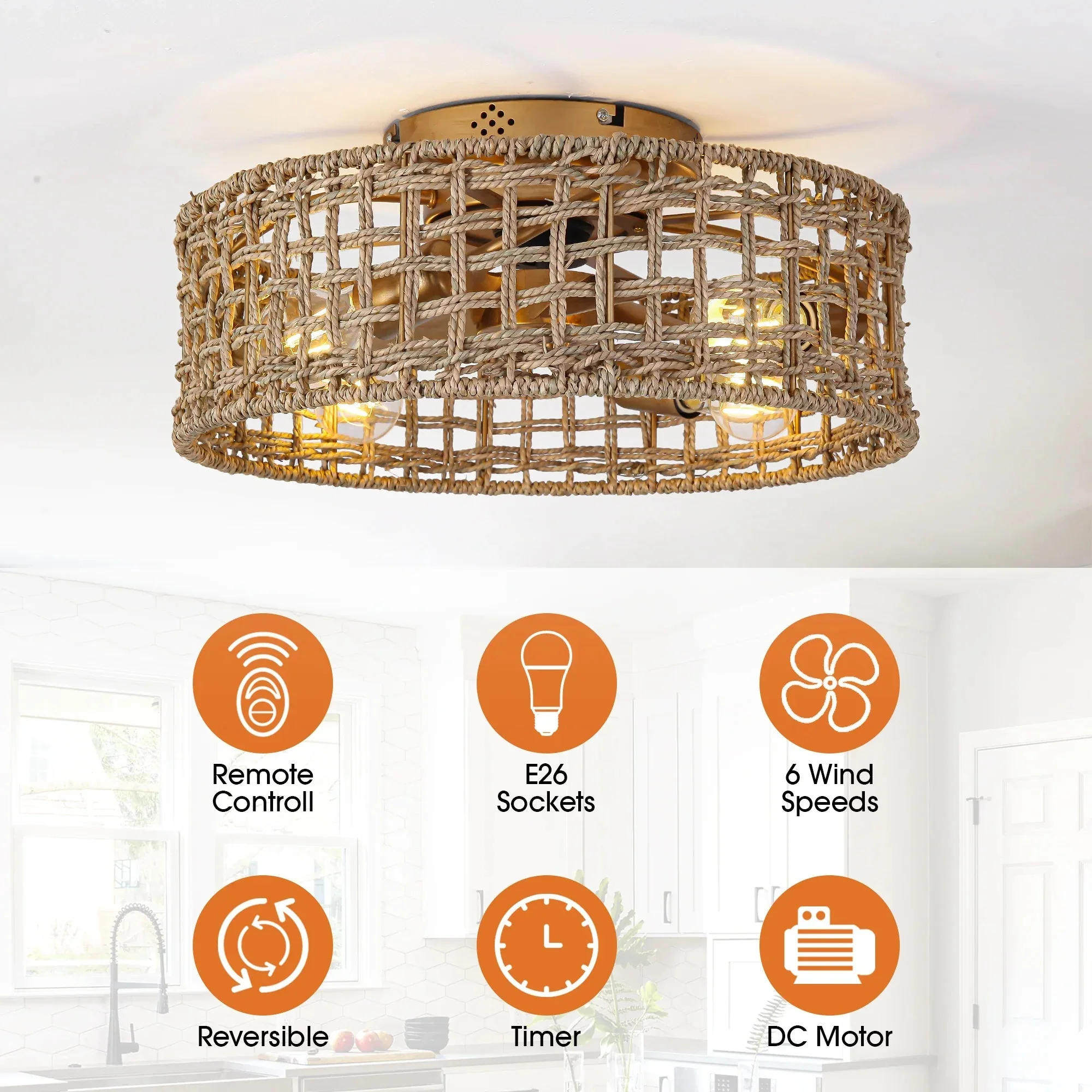 18 Inch Vintage Gold Farmhouse Rattan Flush Mount Ceiling Fan with Light APP and Remote Control - Image 6