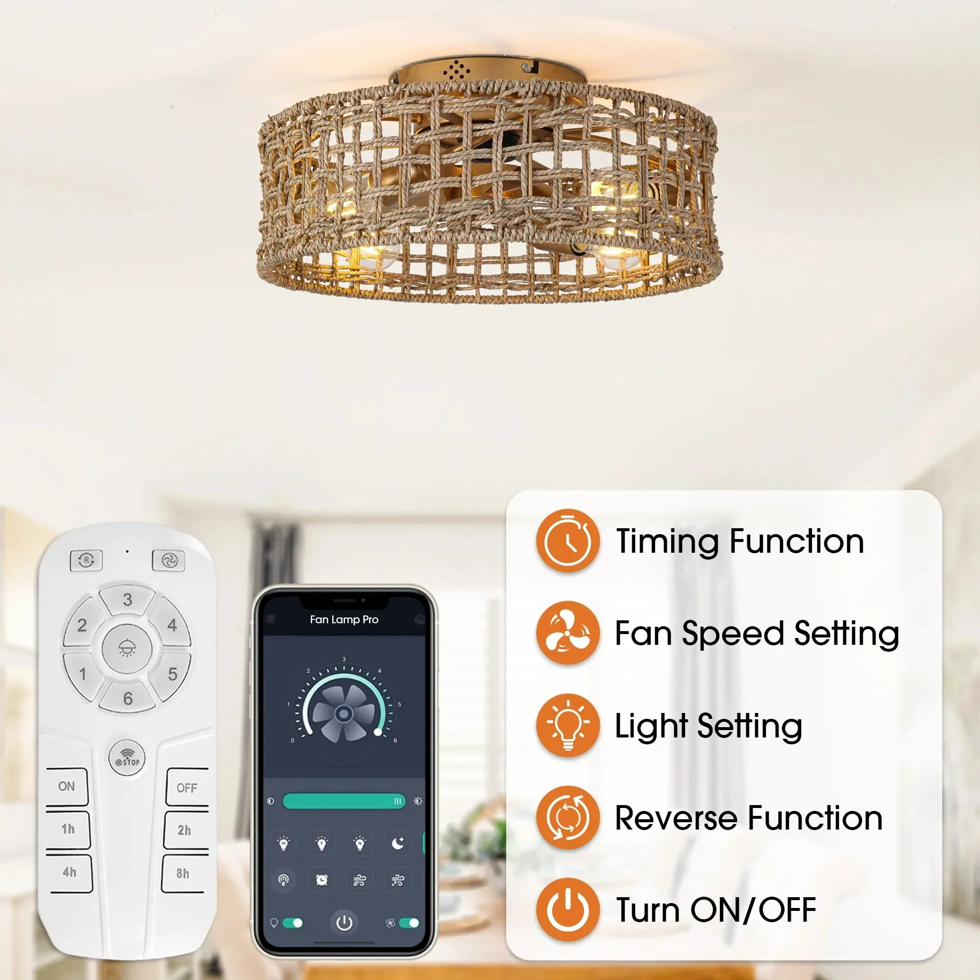 18 Inch Vintage Gold Farmhouse Rattan Flush Mount Ceiling Fan with Light APP and Remote Control - Image 7