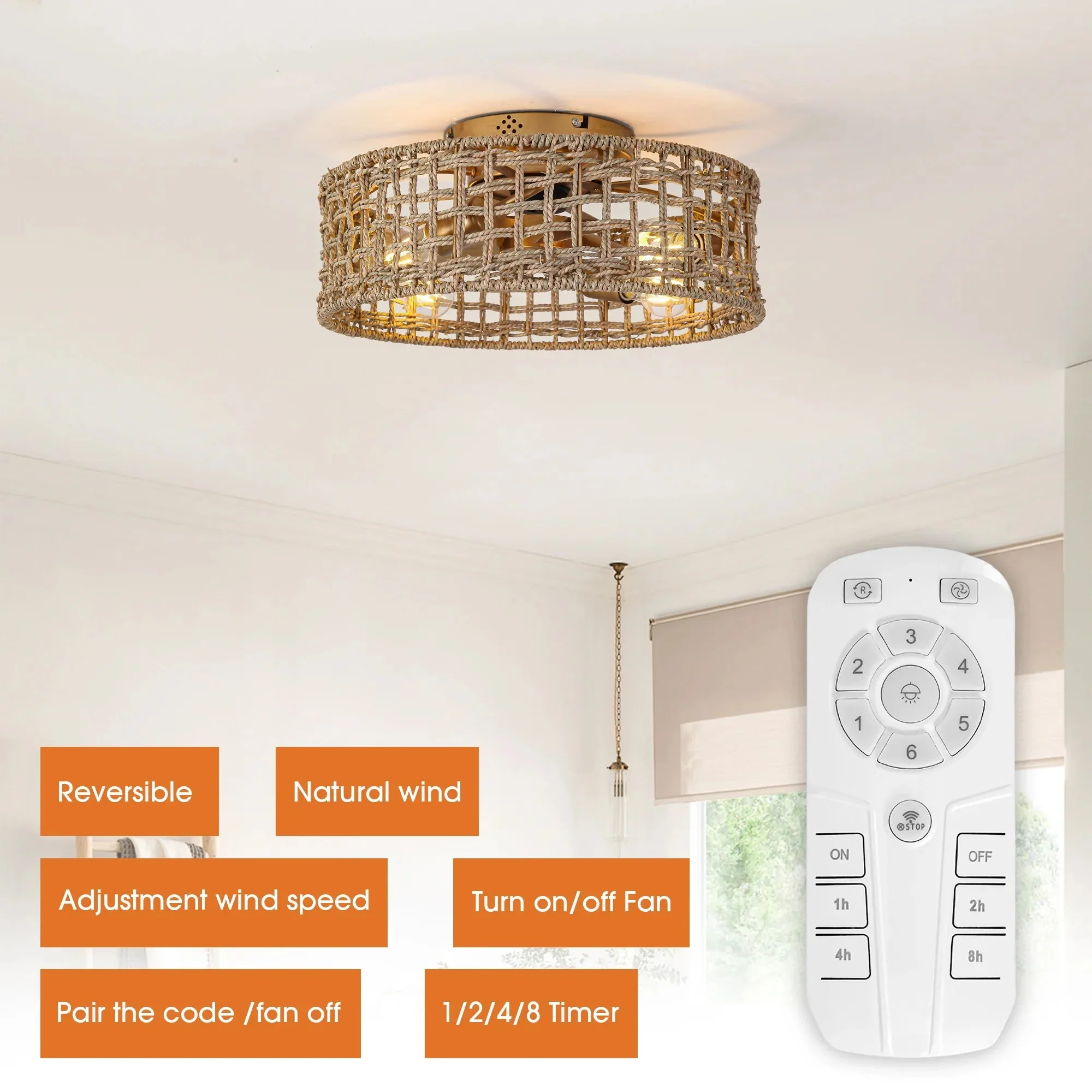 18 Inch Vintage Gold Farmhouse Rattan Flush Mount Ceiling Fan with Light APP and Remote Control - Image 8
