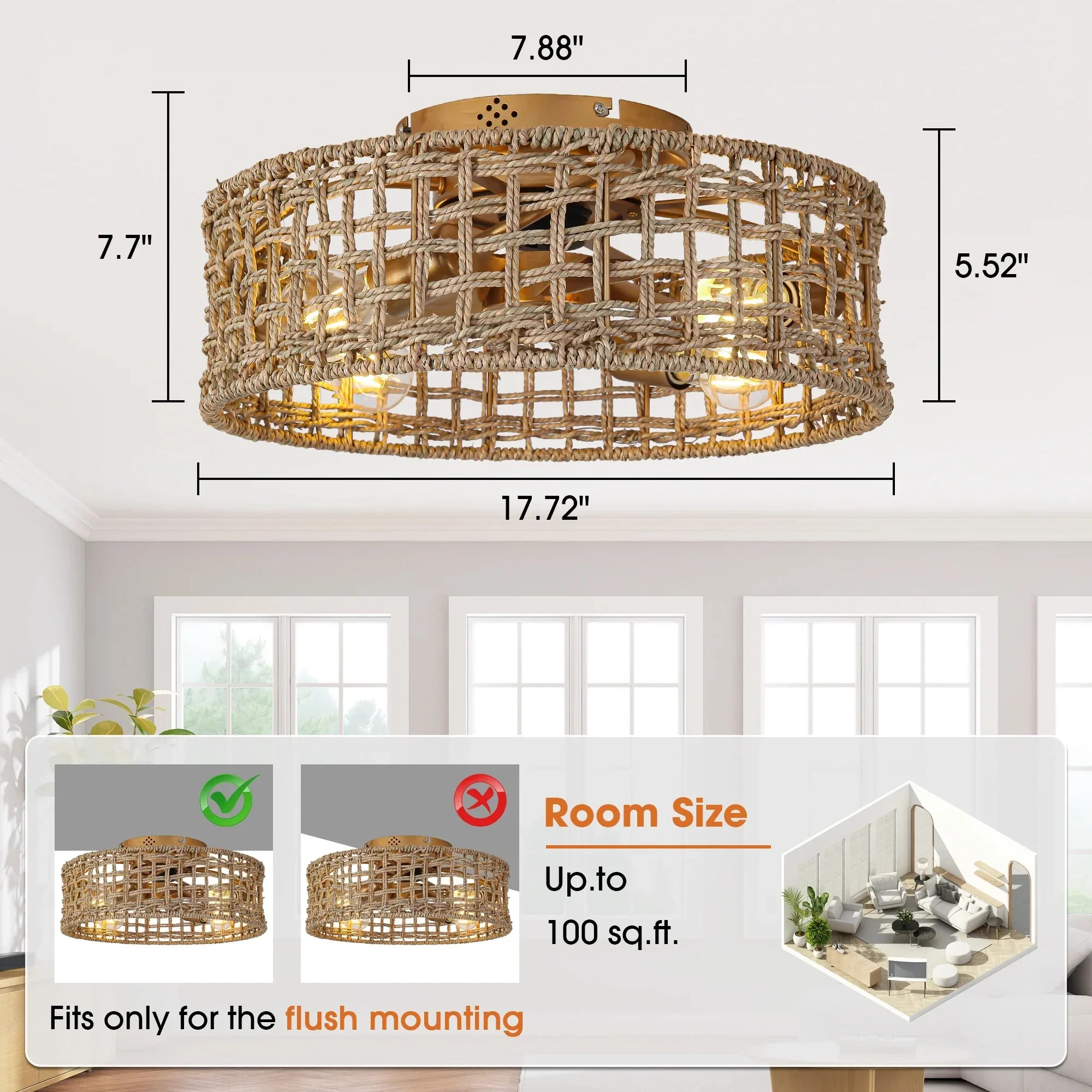 18 Inch Vintage Gold Farmhouse Rattan Flush Mount Ceiling Fan with Light APP and Remote Control - Image 9