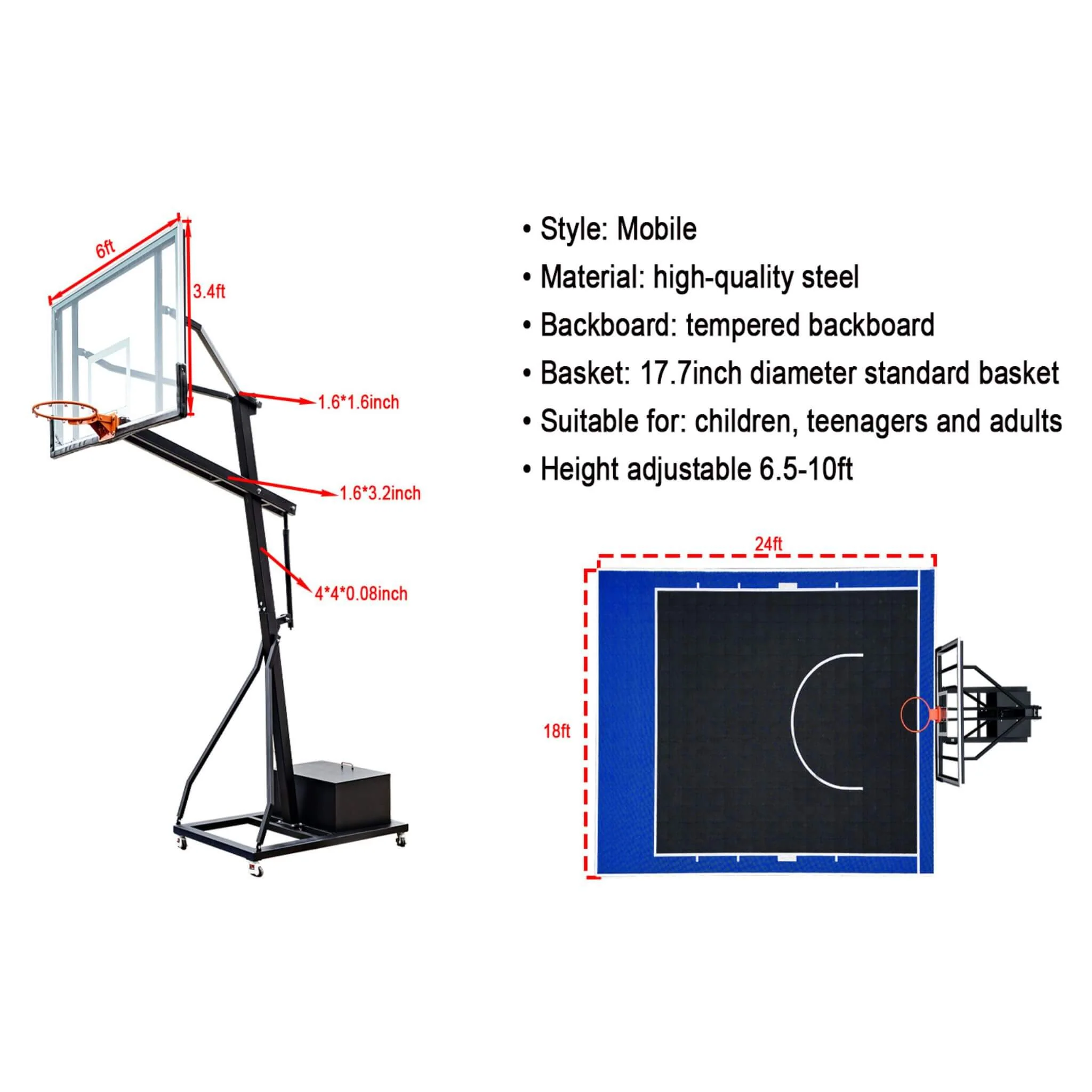 [18X24FT] Heavy-Duty Portable Adjustable Basketball Hoop With Court (SAK72980) - Image 8
