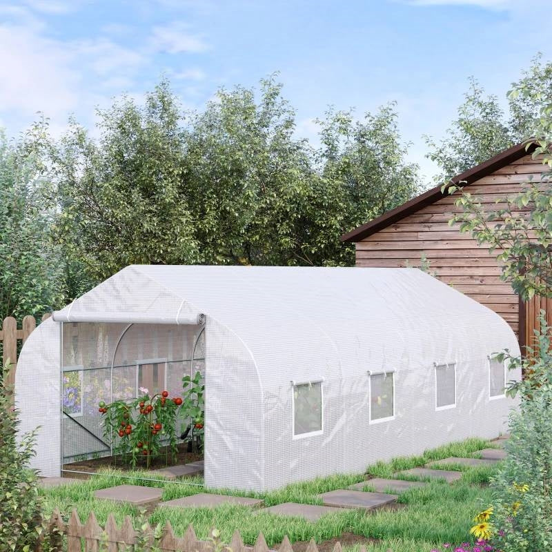 19.5 Ft x 9.8 Ft Outdoor Greenhouse w/ White PE Cover and Heavy Duty Steel Frame - Image 4