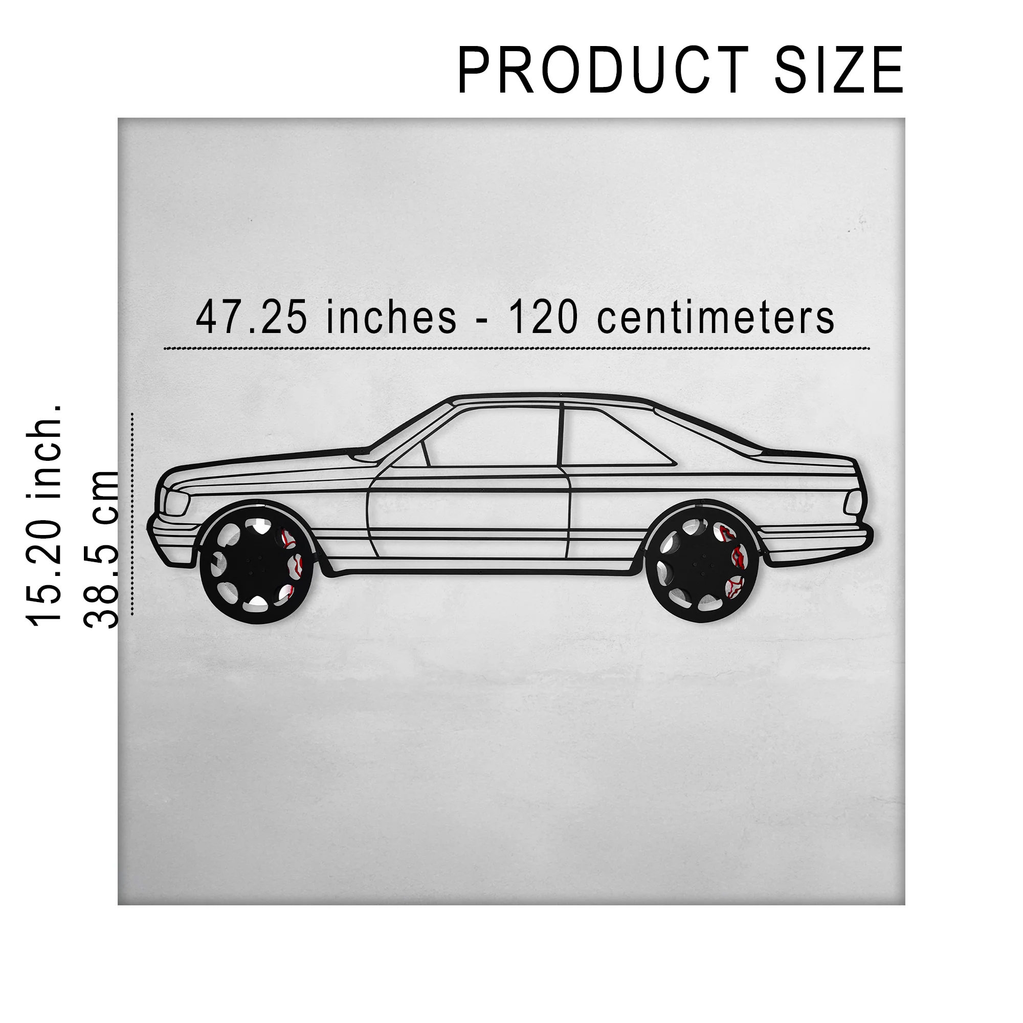 1990 Mercedes-Benz 500 SEC Wall Art – Steel Silhouette with Spinning Wheels-KAFMEKA032 - Image 12