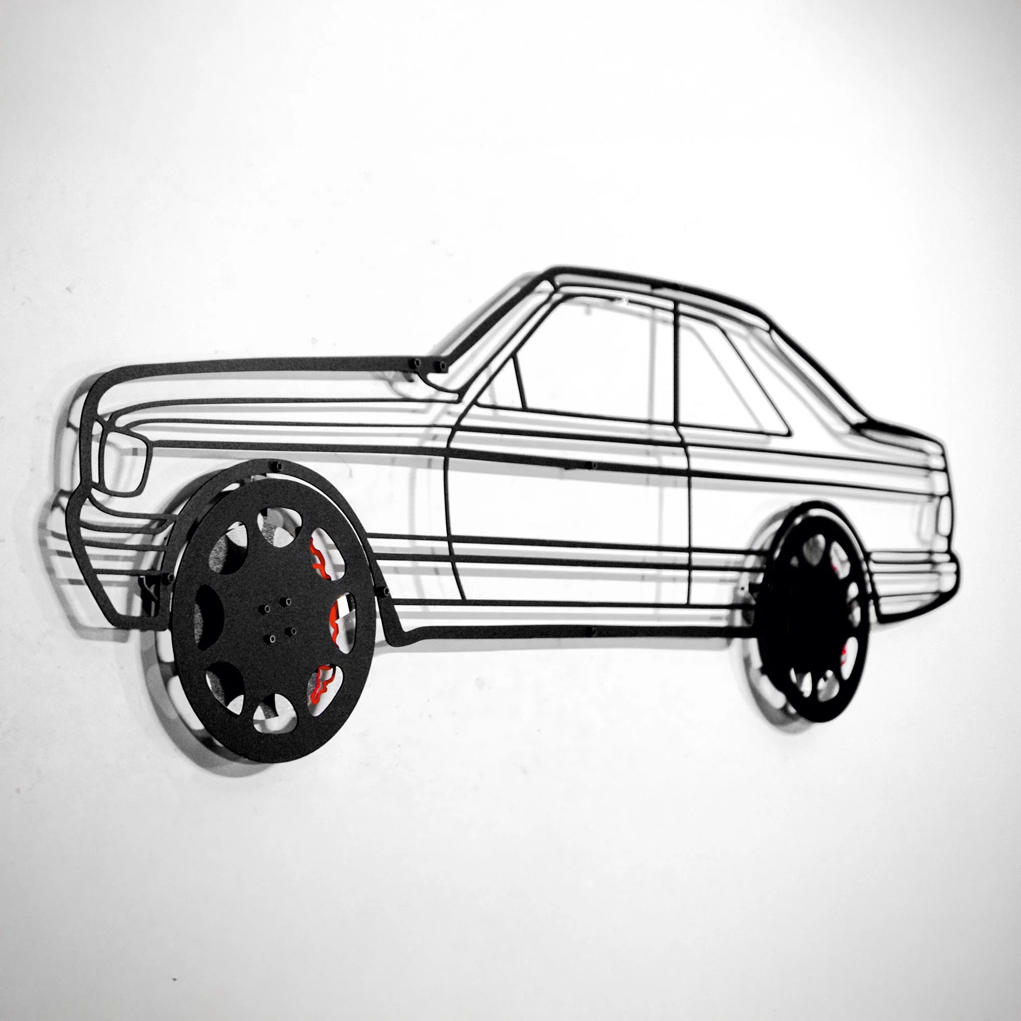 1990 Mercedes-Benz 500 SEC Wall Art – Steel Silhouette with Spinning Wheels-KAFMEKA032 - Image 5
