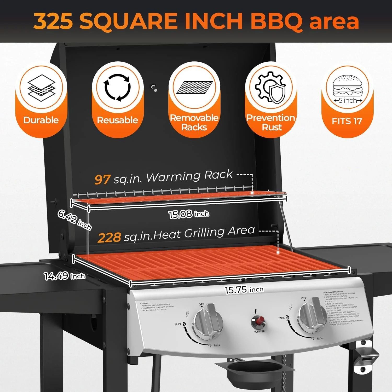 2-Burner Propane Gas Grill,228 Sq. Inch Cooking Area,Outdoor Camping Picnic for Patio,Party,Black - Image 3