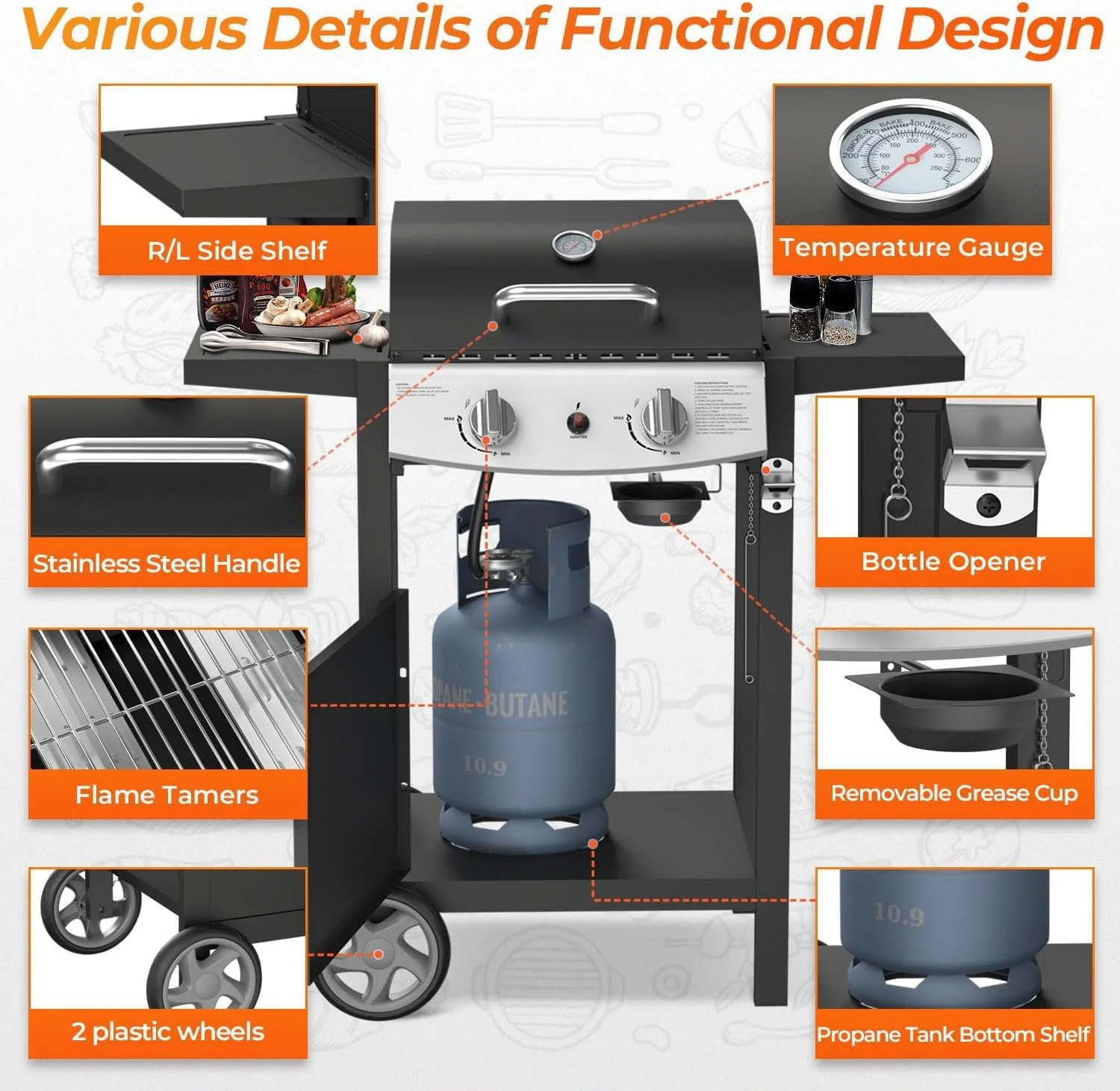2-Burner Propane Gas Grill,228 Sq. Inch Cooking Area,Outdoor Camping Picnic for Patio,Party,Black - Image 4