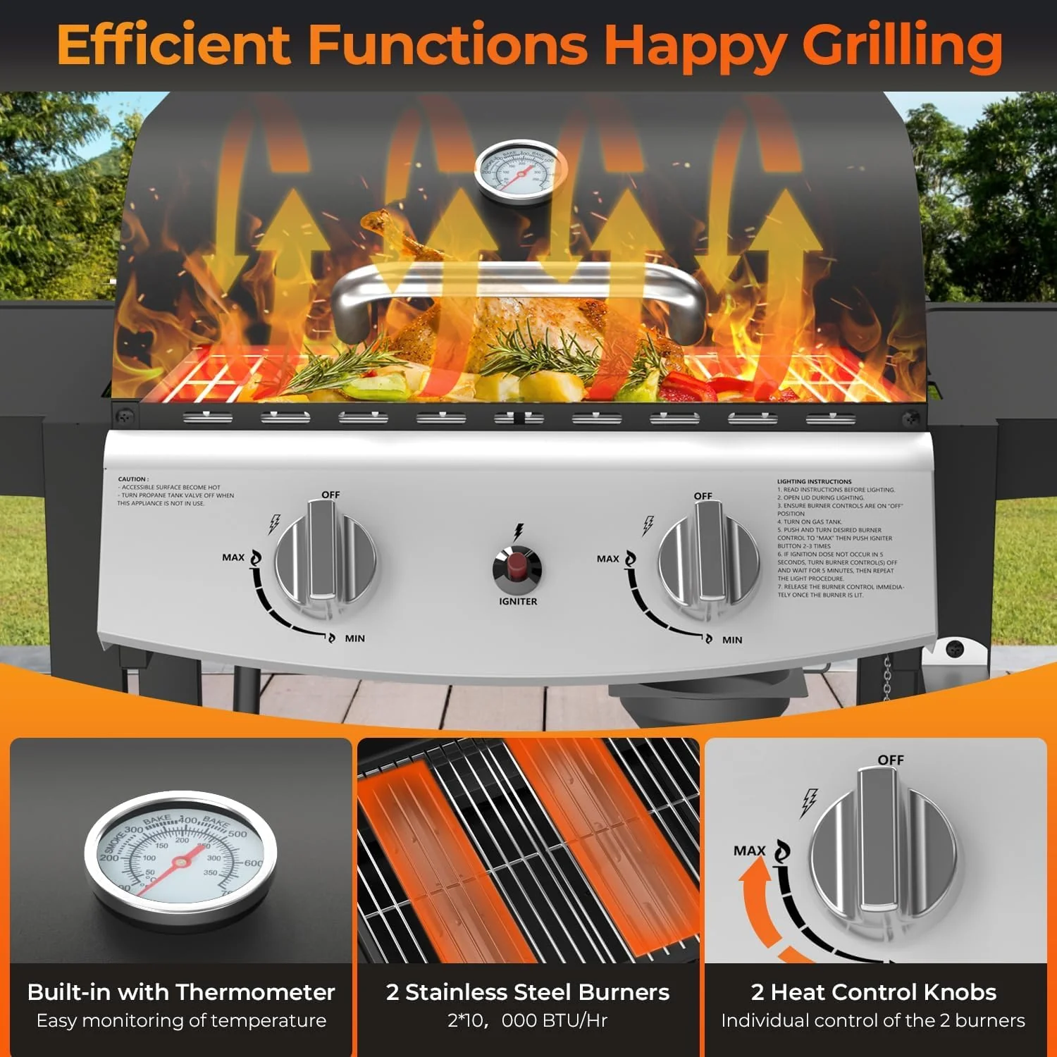2-Burner Propane Gas Grill,228 Sq. Inch Cooking Area,Outdoor Camping Picnic for Patio,Party,Black - Image 5