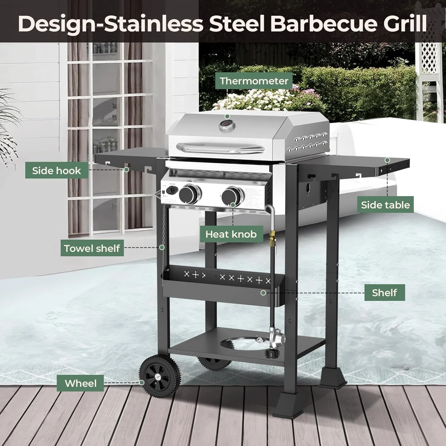 2-Burner Stainless Steel Propane Grill, 16,000 BTU Portable Gas BBQ with Electronic Ignition - Image 2