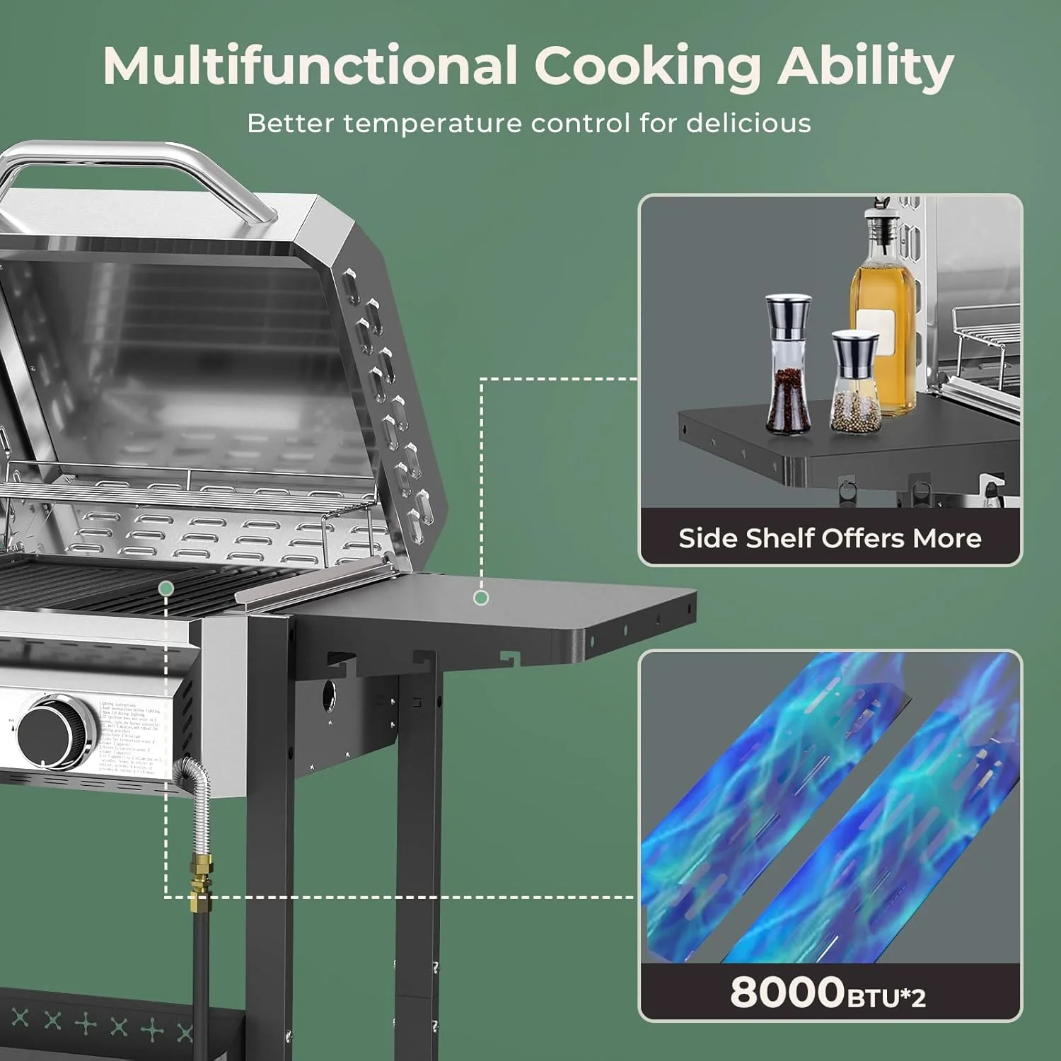 2-Burner Stainless Steel Propane Grill, 16,000 BTU Portable Gas BBQ with Electronic Ignition - Image 5