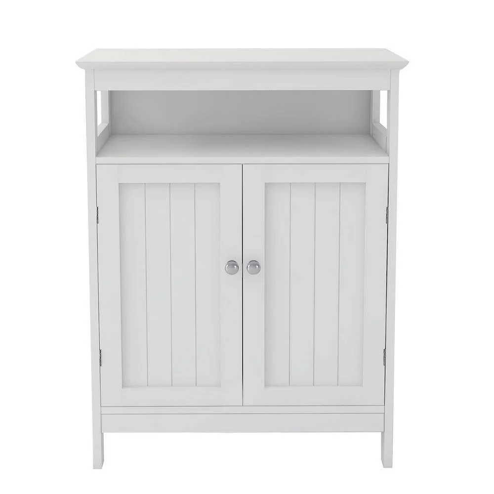 2-Door Bathroom Linen Cabinet with Storage Shelf in White Wood Finish - Image 2