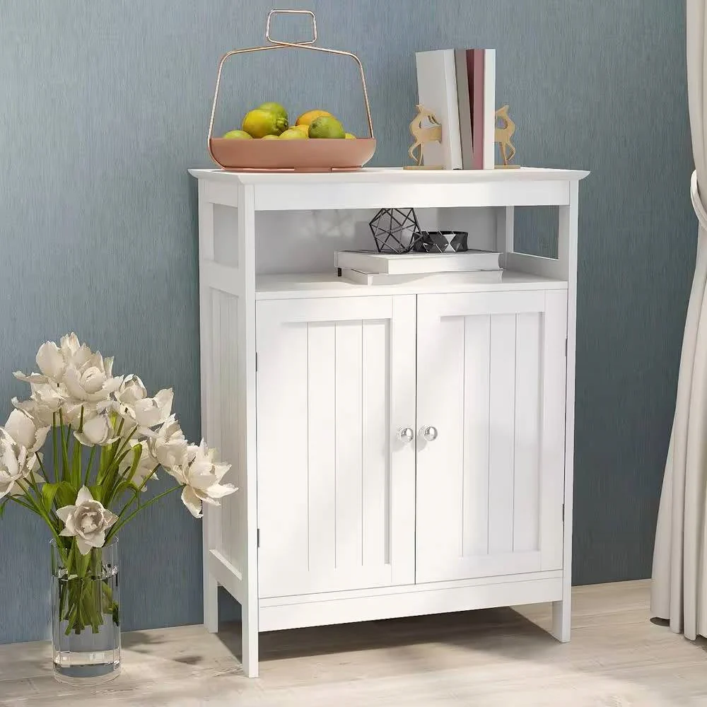 2-Door Bathroom Linen Cabinet with Storage Shelf in White Wood Finish - Image 3