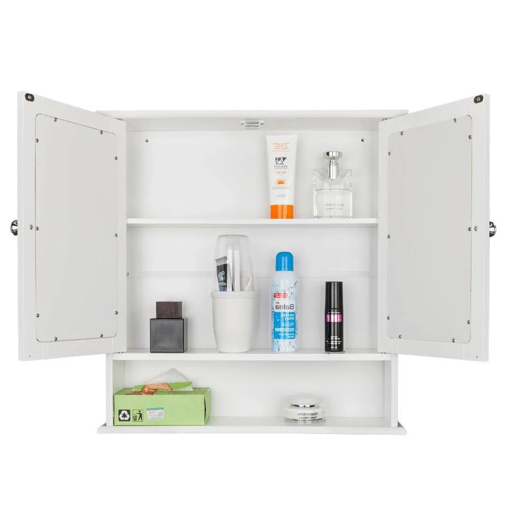 2-Door Wall Mounted Bathroom Medicine Cabinet with Mirror in White - Image 3