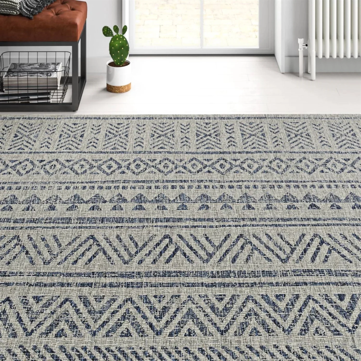 2 ft. x 3 ft. Blue Grey Chevron Coastal Boho Style Indoor Outdoor Area Rug - Image 2