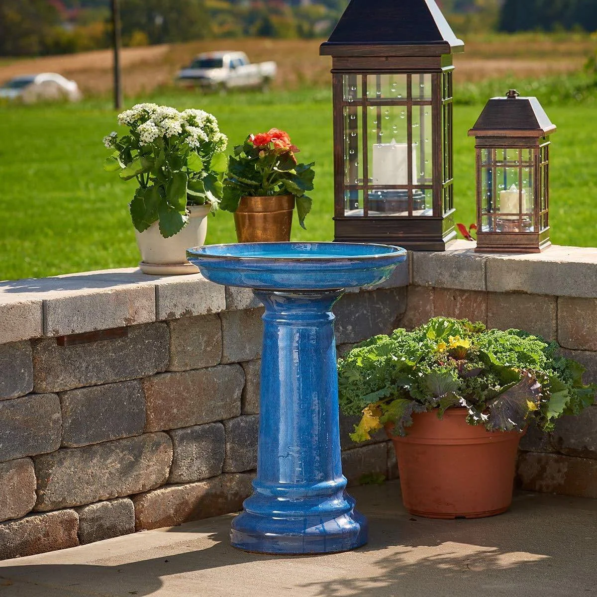 2 Gallon Blue Ceramic Traditional Outdoor Patio Garden Birdbath - Image 2