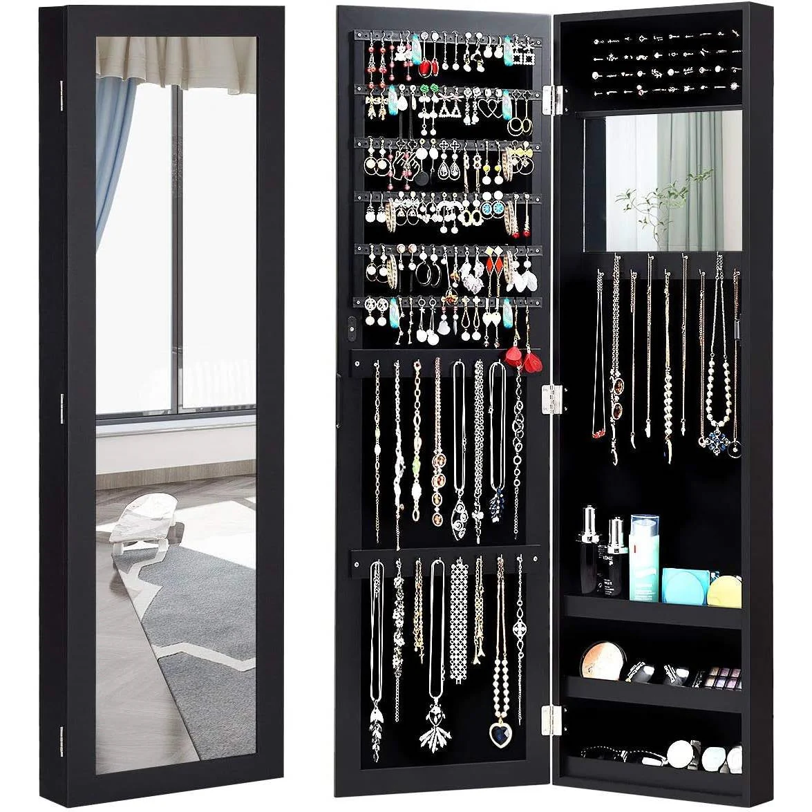 2-in-1 Black Wall or Door Mounted Jewelry Organizer Full Length Mirror - Image 2