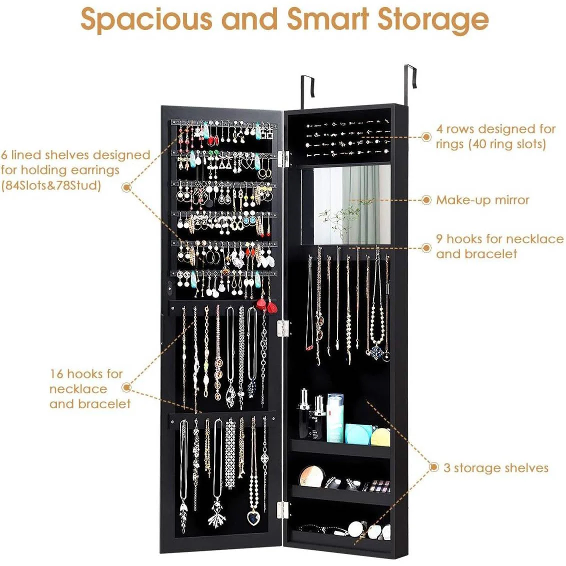 2-in-1 Black Wall or Door Mounted Jewelry Organizer Full Length Mirror - Image 4