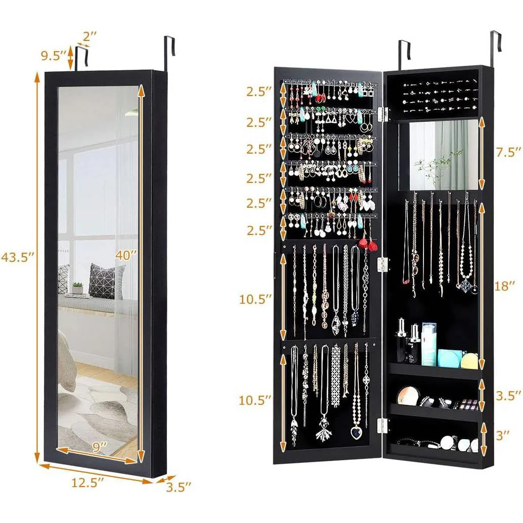 2-in-1 Black Wall or Door Mounted Jewelry Organizer Full Length Mirror - Image 5