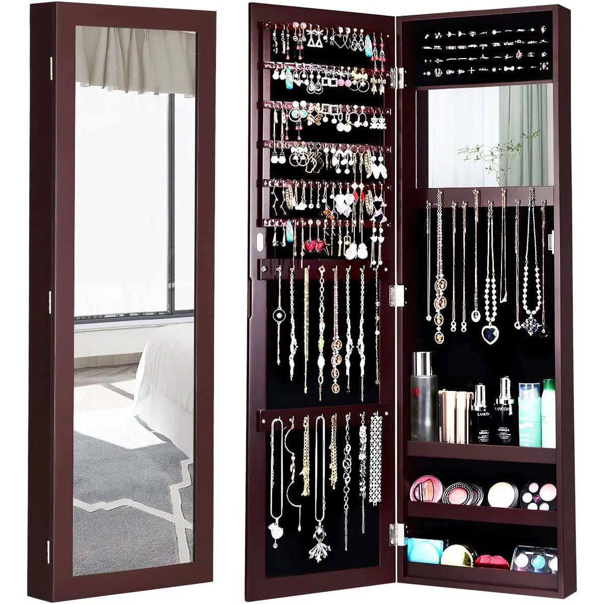 2-in-1 Dark Brown Wall or Door Mounted Jewelry Organizer Full Length Mirror - Image 2