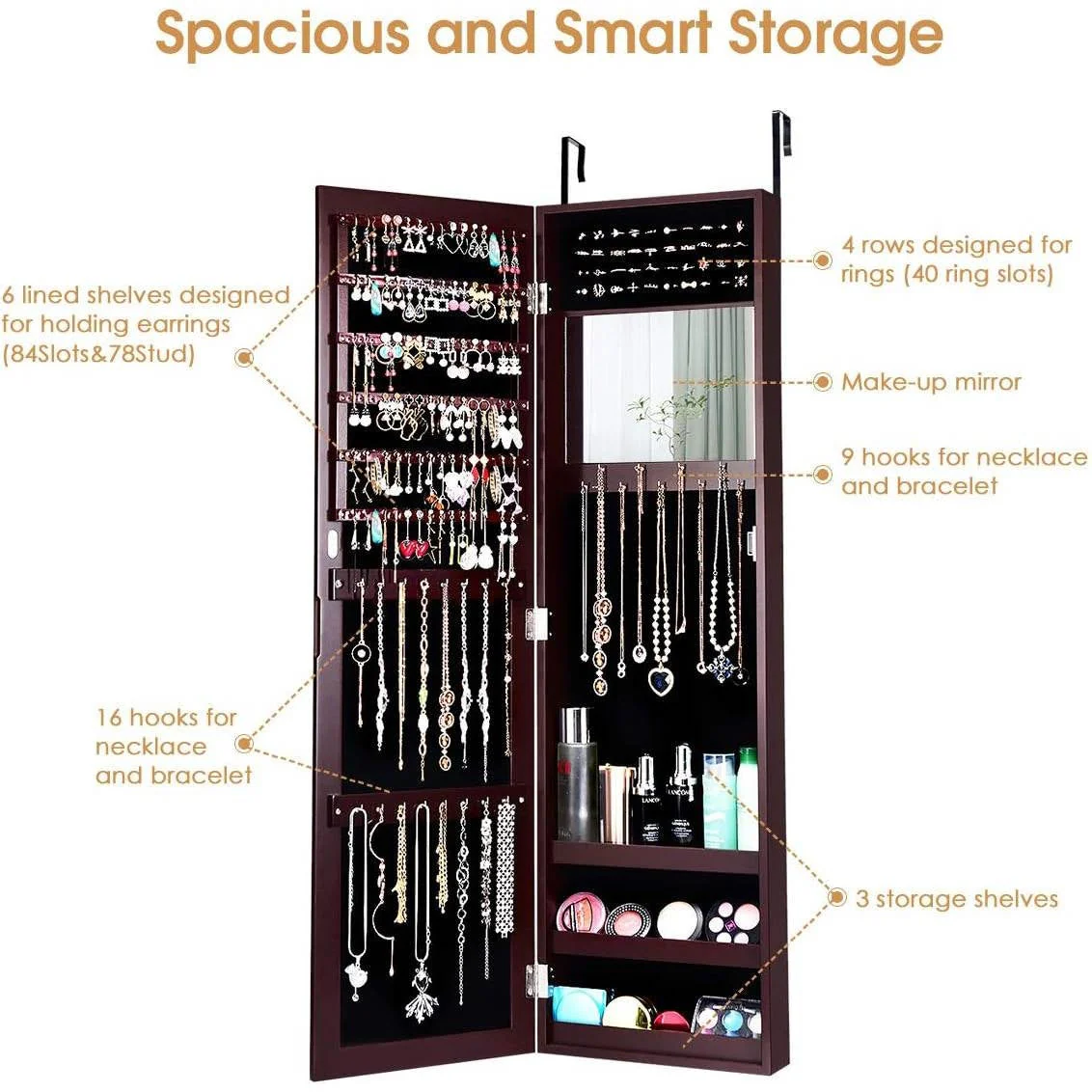 2-in-1 Dark Brown Wall or Door Mounted Jewelry Organizer Full Length Mirror - Image 4