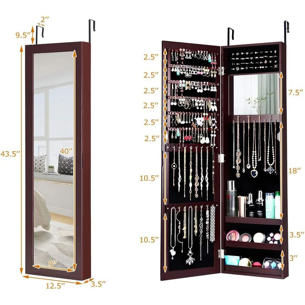 2-in-1 Dark Brown Wall or Door Mounted Jewelry Organizer Full Length Mirror - Image 5