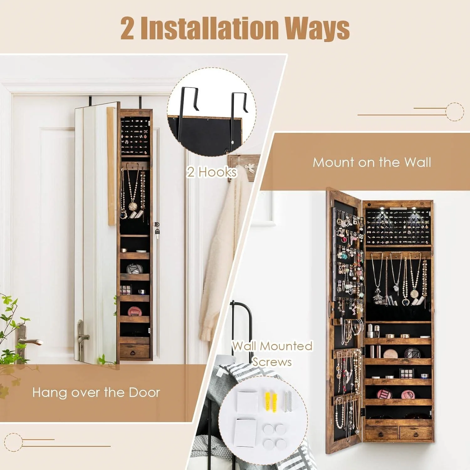 2-in-1 Door/Wall Mounted Jewelry Armoire Full Length Mirror in Brown Wood Finish - Image 3