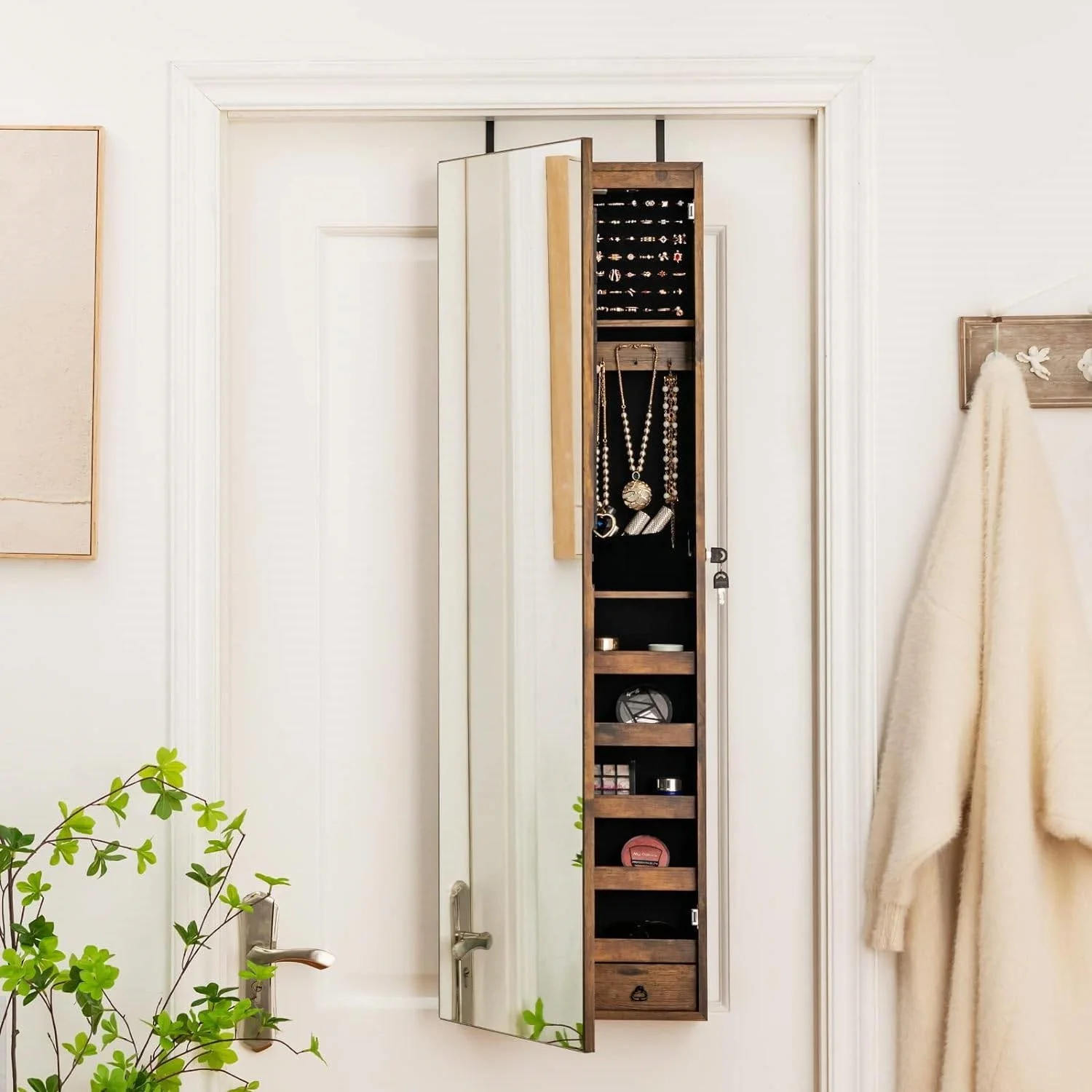 2-in-1 Door/Wall Mounted Jewelry Armoire Full Length Mirror in Brown Wood Finish - Image 4