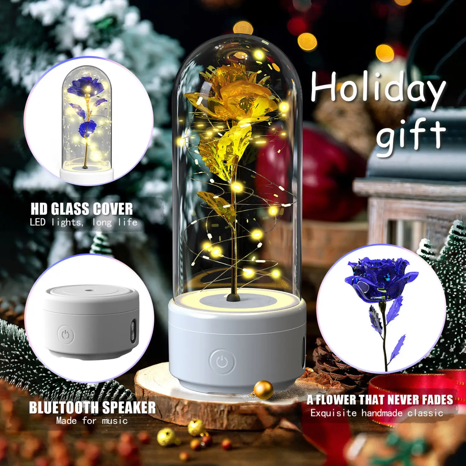 2 In 1 Rose Flowers in Creative LED Glass Lamp with Bluetooth for Home Decor - Image 3