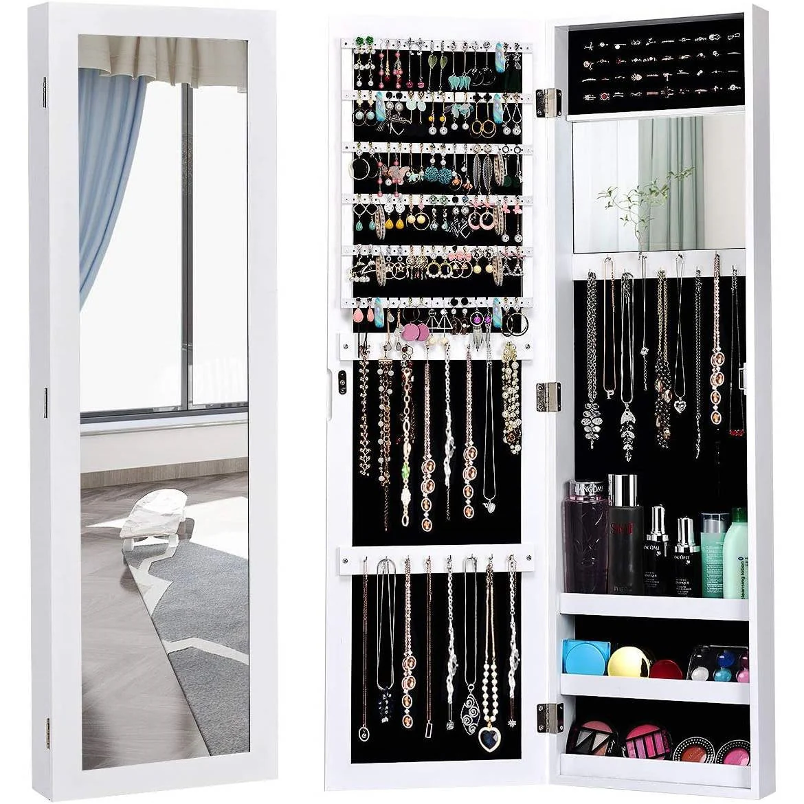 2-in-1 Wall or Door Mounted Jewelry Organizer Full Length Mirror in White - Image 2