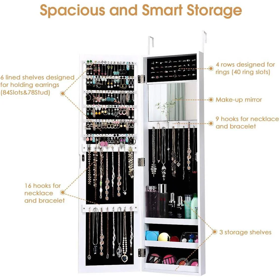 2-in-1 Wall or Door Mounted Jewelry Organizer Full Length Mirror in White - Image 4