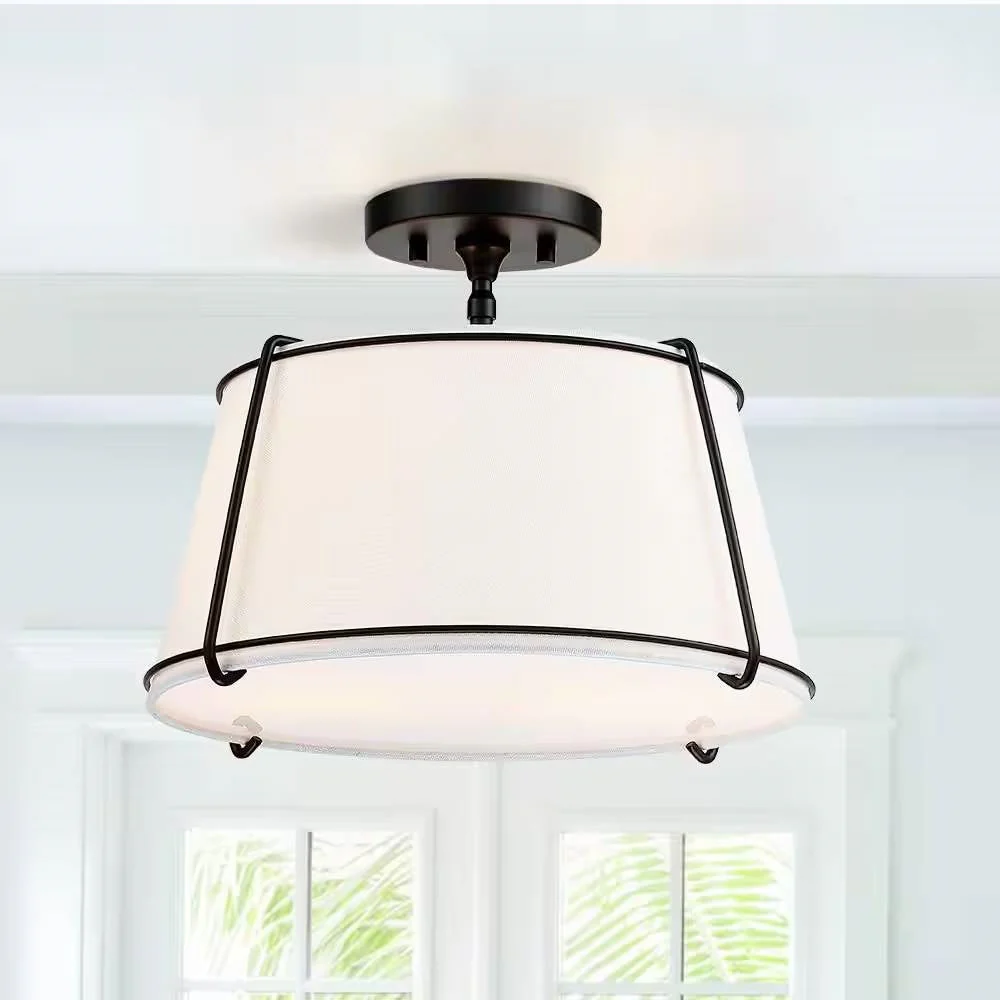 2-Light Round 15-inch White Drum Ceiling Light w/ Black Metal - Semi-Flush Mount - Image 2