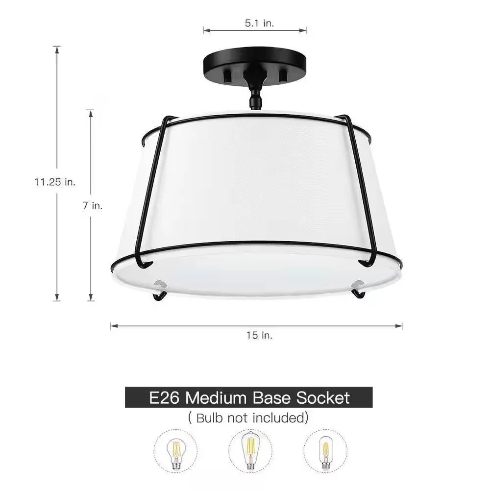 2-Light Round 15-inch White Drum Ceiling Light w/ Black Metal - Semi-Flush Mount - Image 5