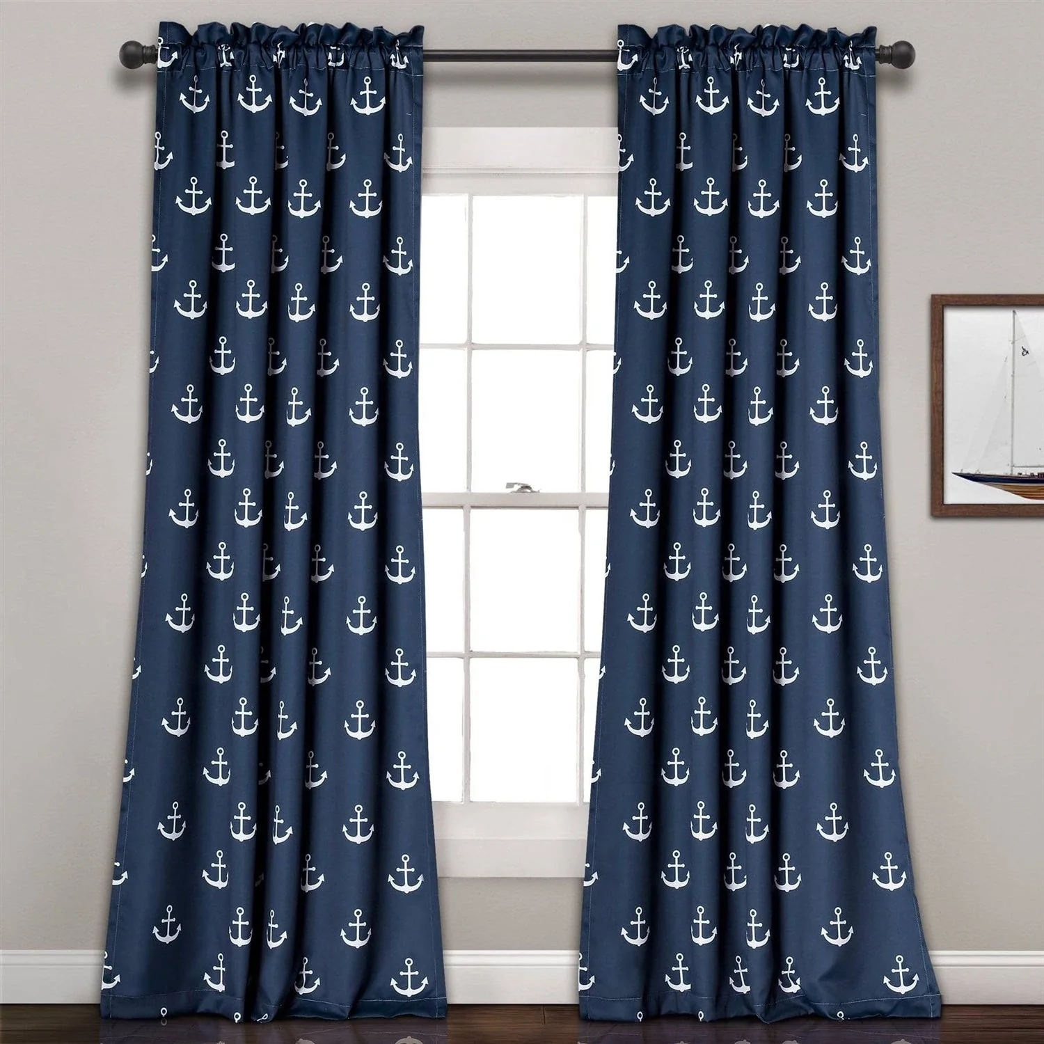 2 Panel 84"L x 52"W Navy Nautical Anchors Window Curtain Set - Image 2