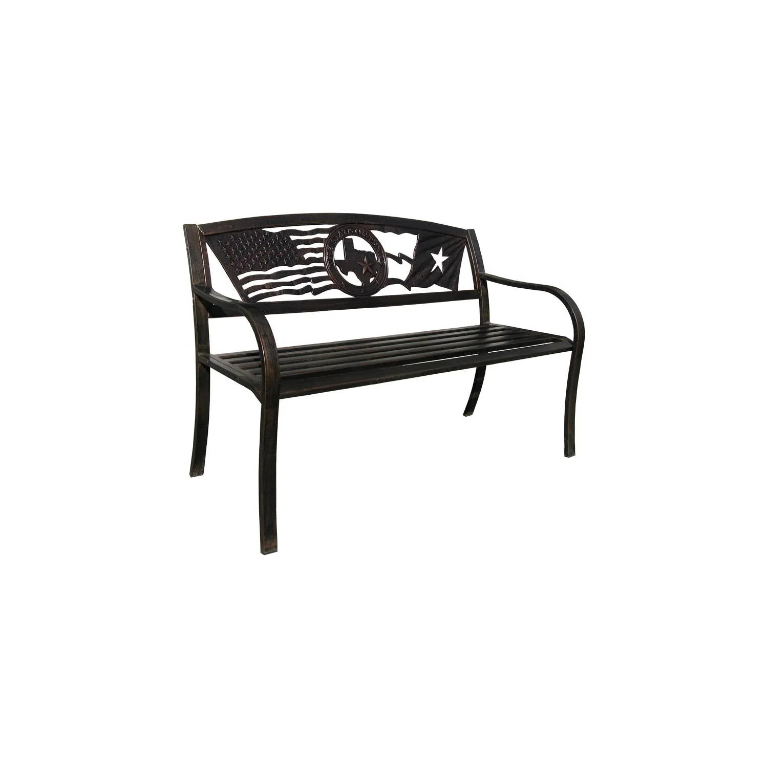 2 Person Texas Star Patriotic USA Flag Outdoor Metal Garden Bench in Bronze - Image 5