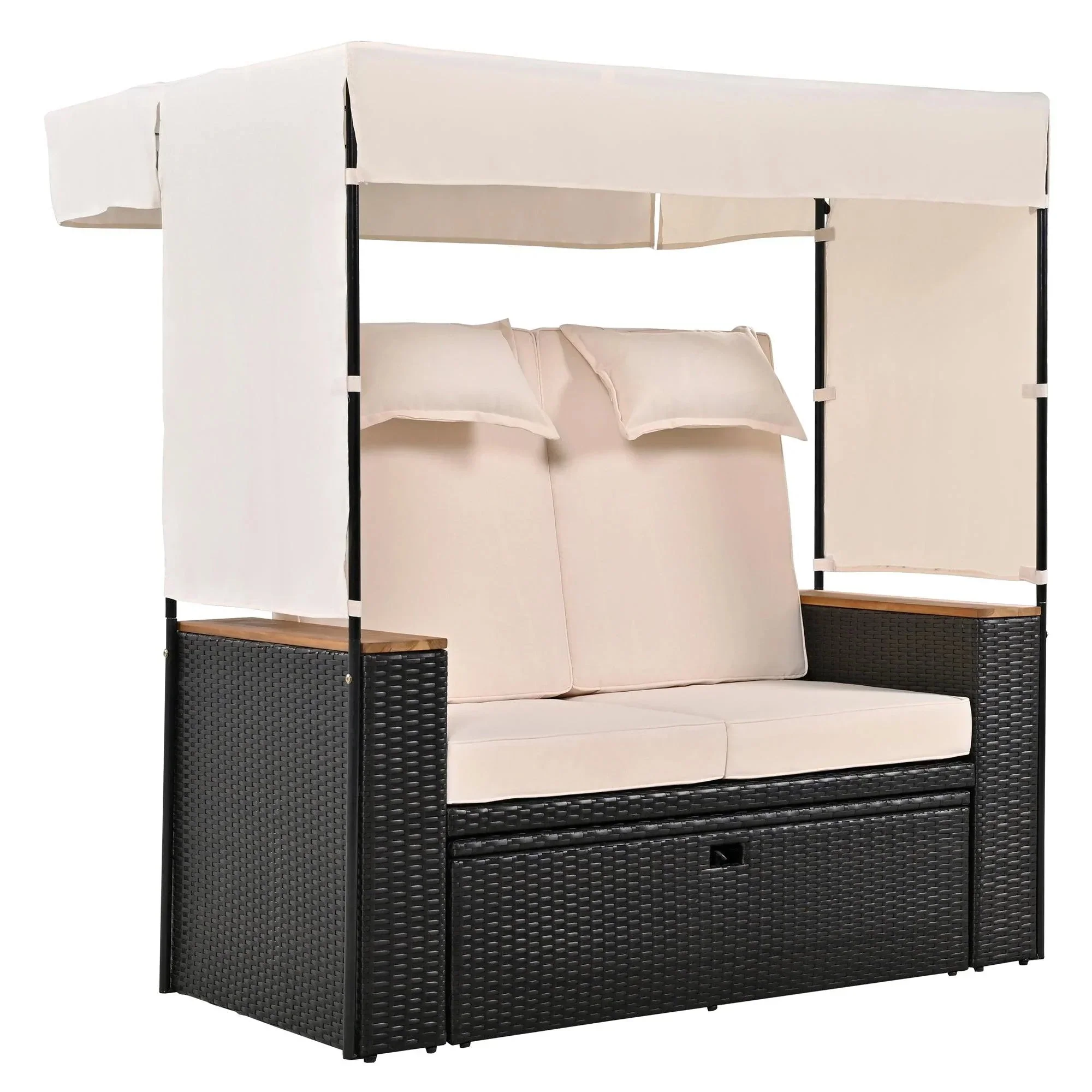 2-Piece Outdoor Rattan Daybed with Bench Lounge Roof Set and Cushions for Poolside, Backyard and Garden - Image 10