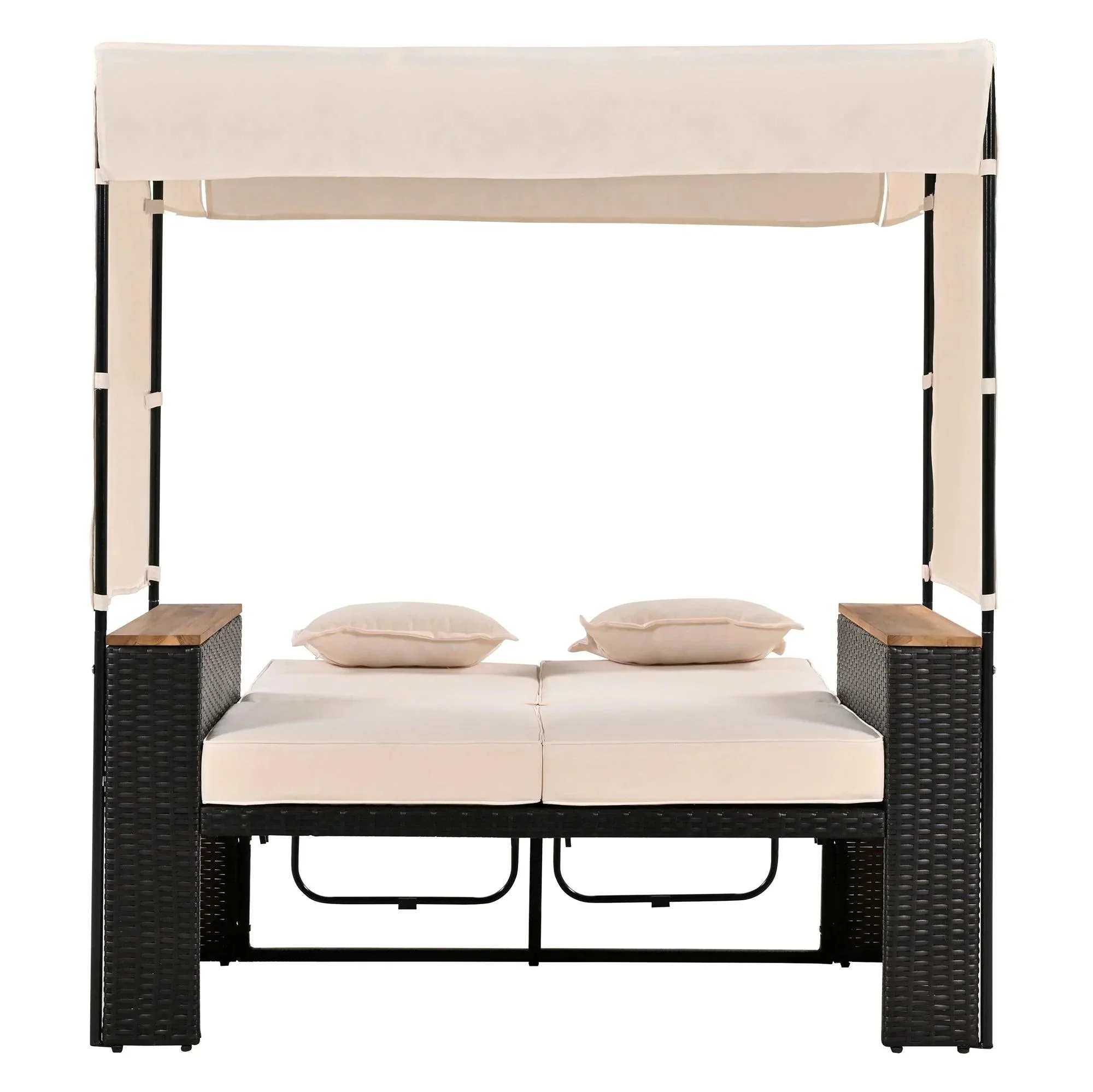 2-Piece Outdoor Rattan Daybed with Bench Lounge Roof Set and Cushions for Poolside, Backyard and Garden - Image 11