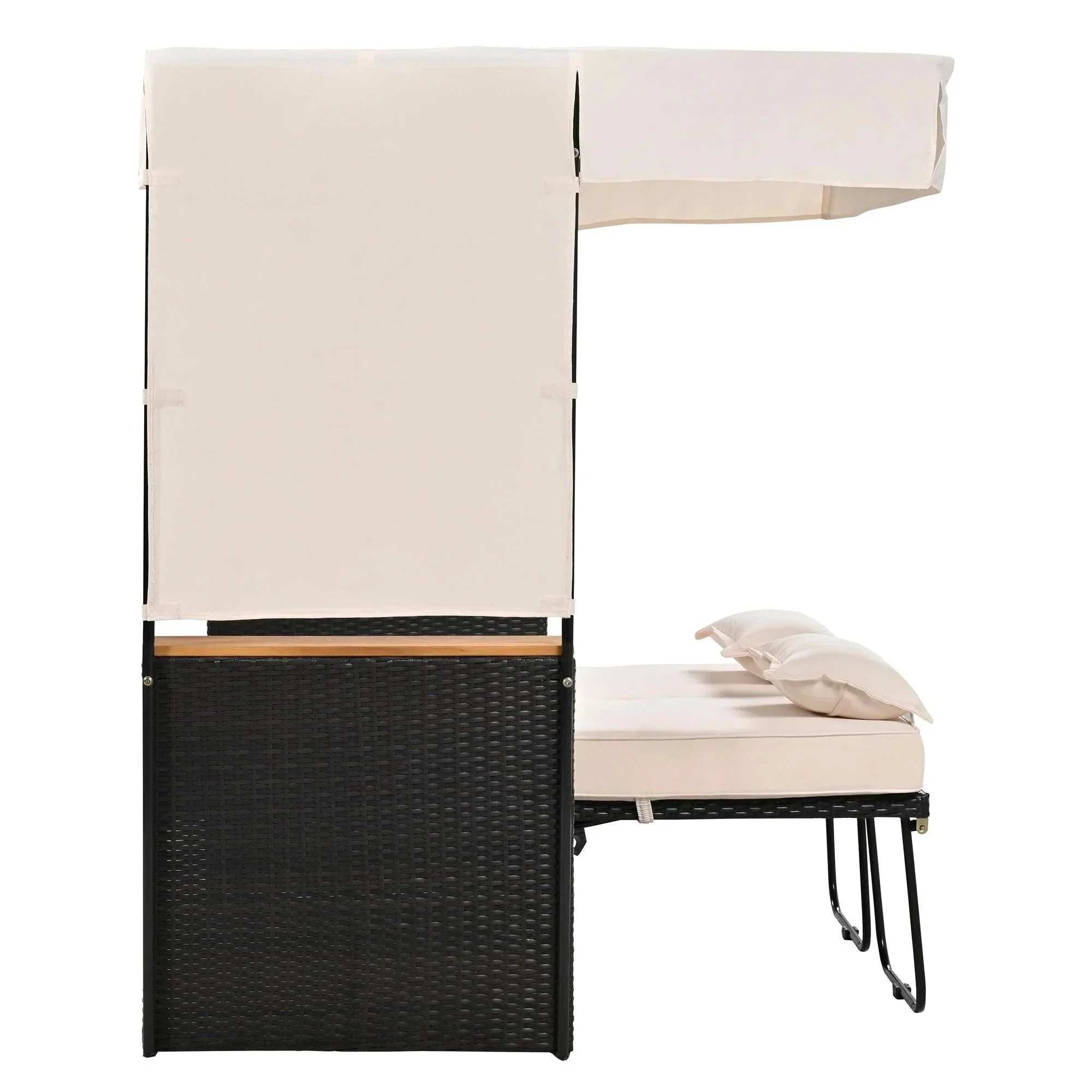 2-Piece Outdoor Rattan Daybed with Bench Lounge Roof Set and Cushions for Poolside, Backyard and Garden - Image 13