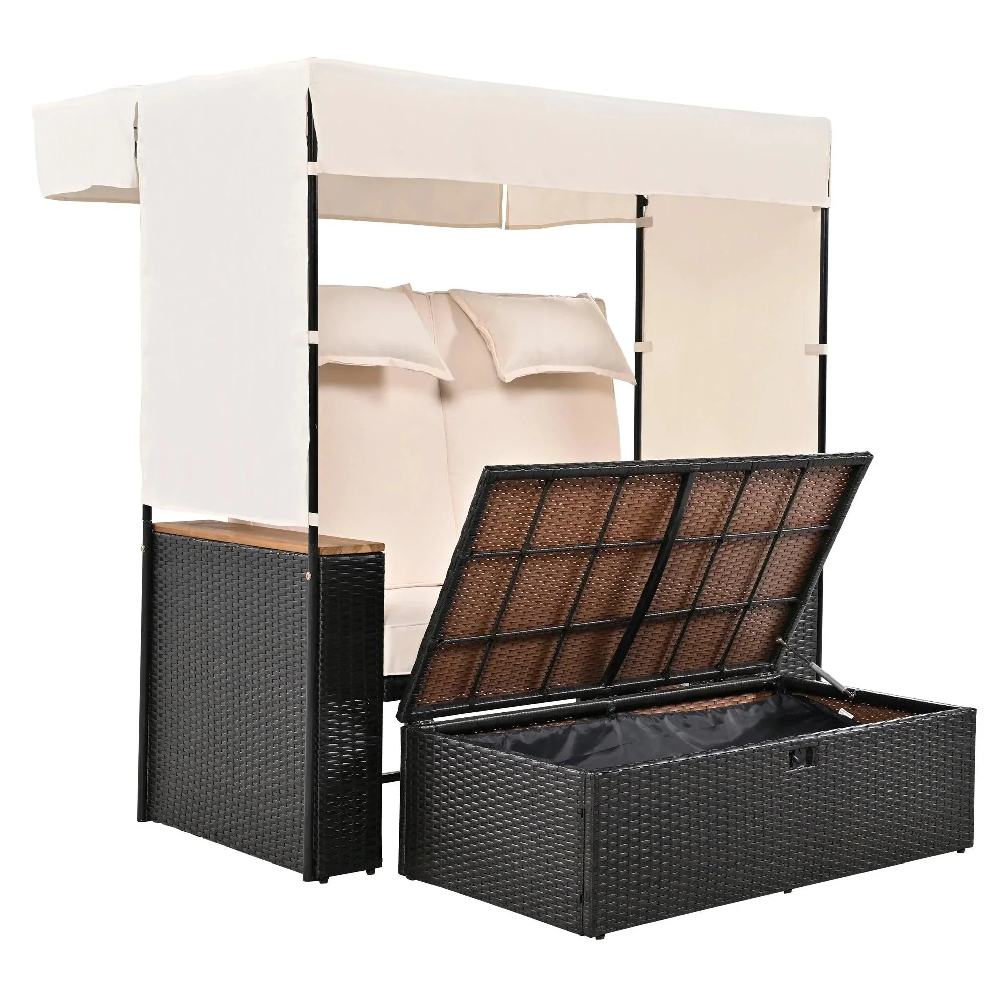 2-Piece Outdoor Rattan Daybed with Bench Lounge Roof Set and Cushions for Poolside, Backyard and Garden - Image 14
