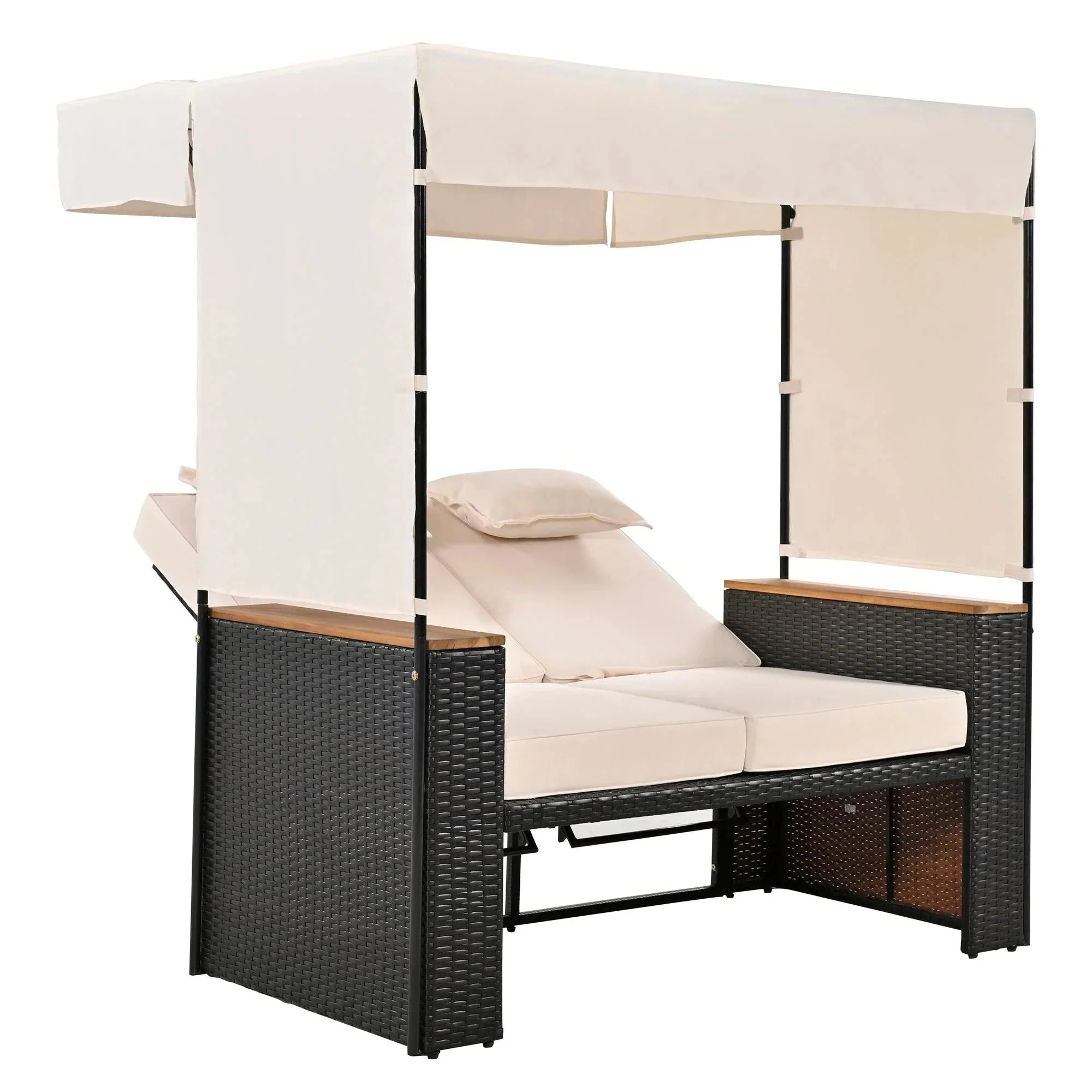 2-Piece Outdoor Rattan Daybed with Bench Lounge Roof Set and Cushions for Poolside, Backyard and Garden - Image 18