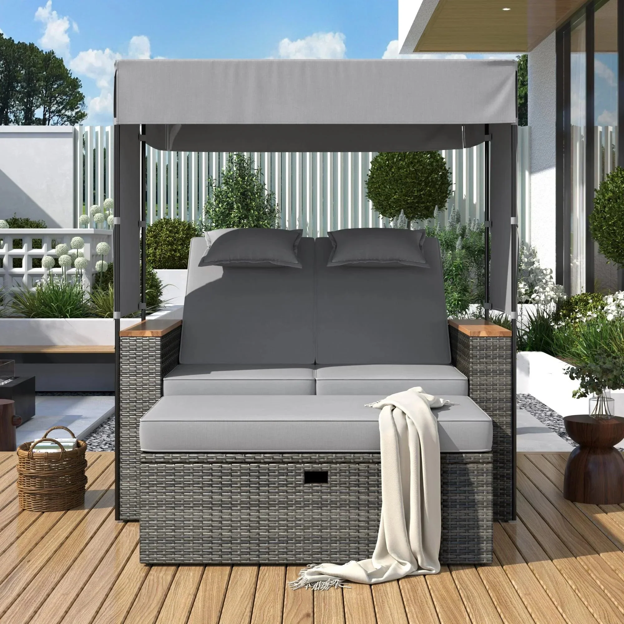 2-Piece Outdoor Rattan Daybed with Bench Lounge Roof Set and Cushions for Poolside, Backyard and Garden - Image 19