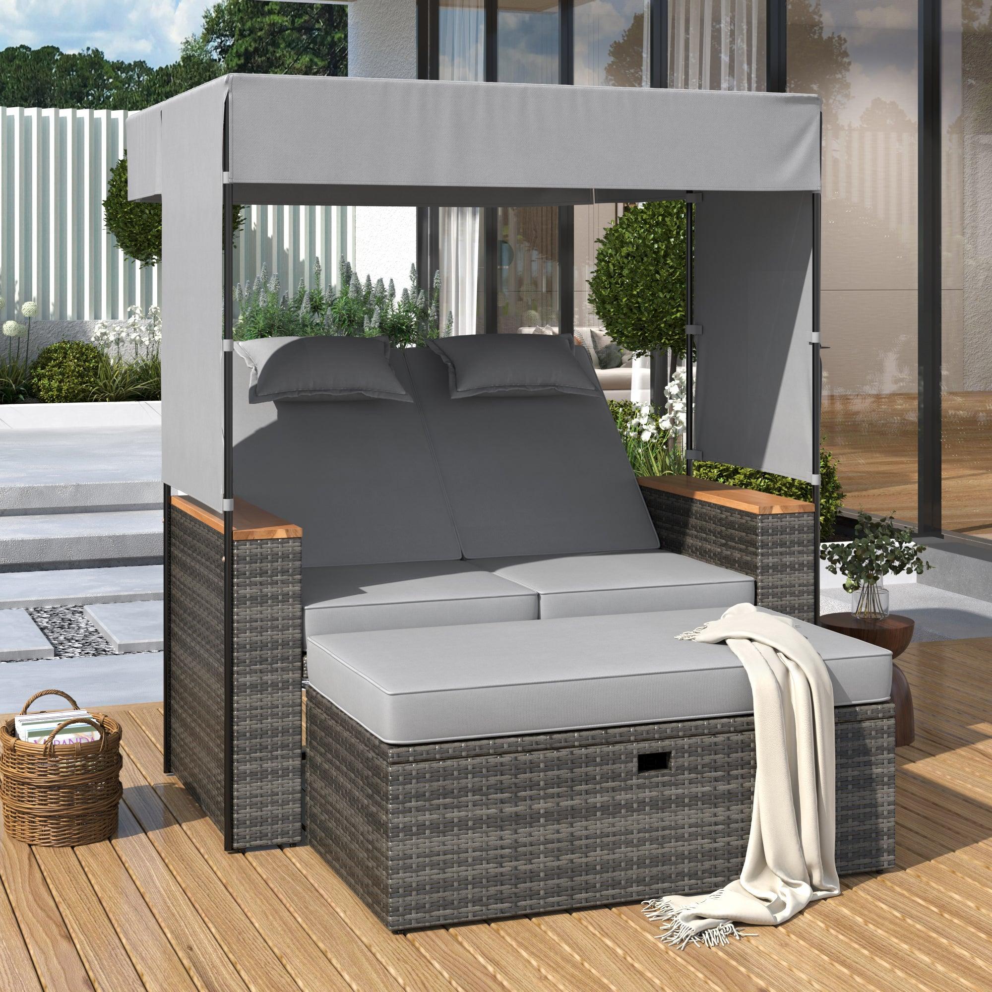 2-Piece Outdoor Rattan Daybed with Bench Lounge Roof Set and Cushions for Poolside, Backyard and Garden - Image 20