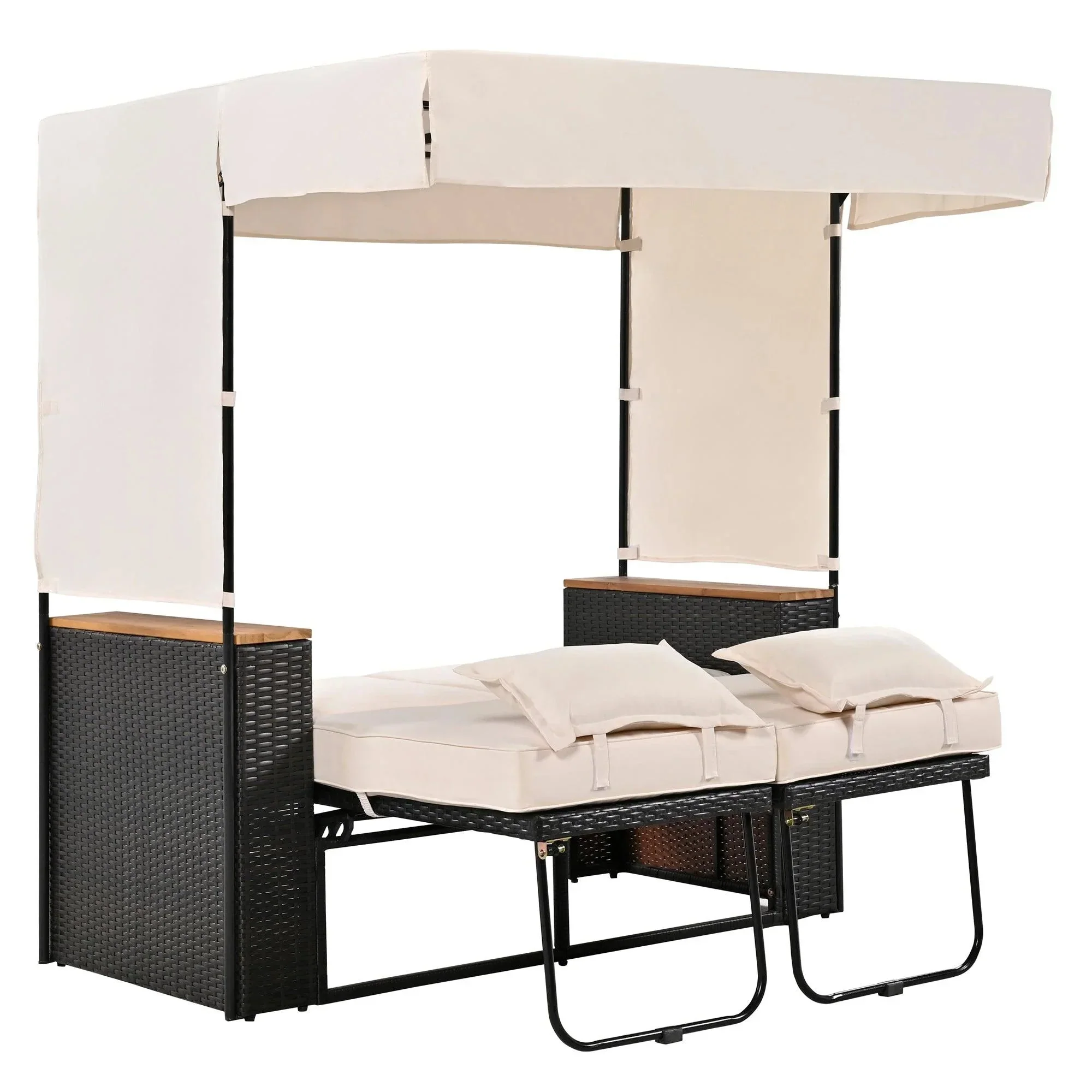 2-Piece Outdoor Rattan Daybed with Bench Lounge Roof Set and Cushions for Poolside, Backyard and Garden - Image 21