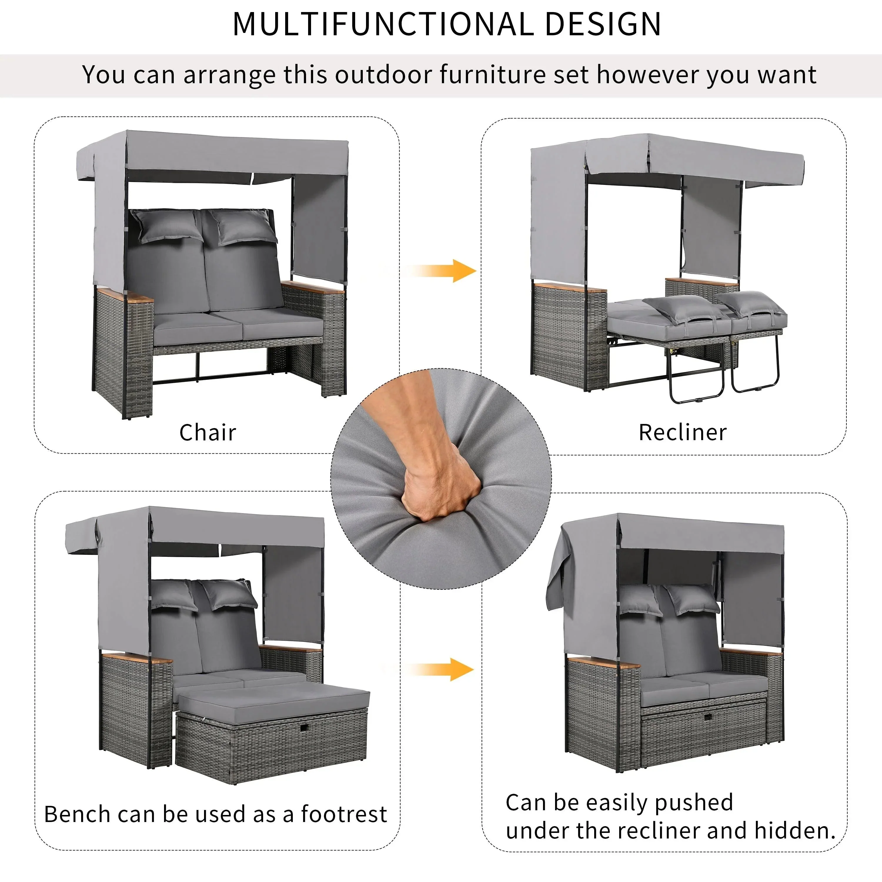 2-Piece Outdoor Rattan Daybed with Bench Lounge Roof Set and Cushions for Poolside, Backyard and Garden - Image 26